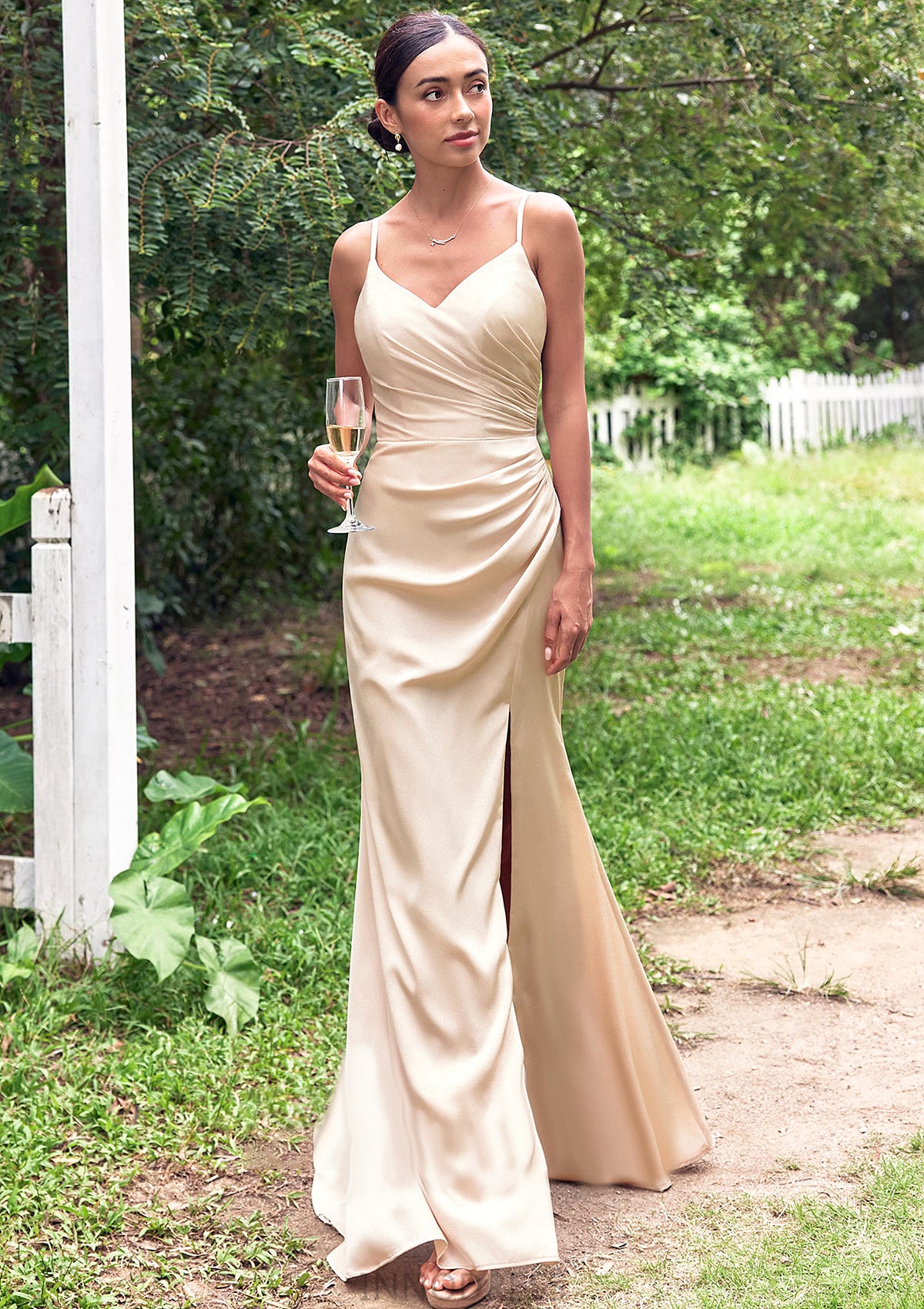 Sheath/Column V Neck Sleeveless Floor-Length Stretch Satin Bridesmaid Dresses with Pleated Split Diya DPP0025222