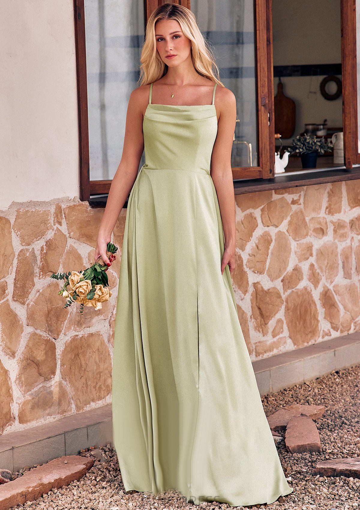 A-line Square Neckline Sleeveless Floor-Length Stretch Satin Bridesmaid Dresses with Bowknot Split Naima DPP0025223