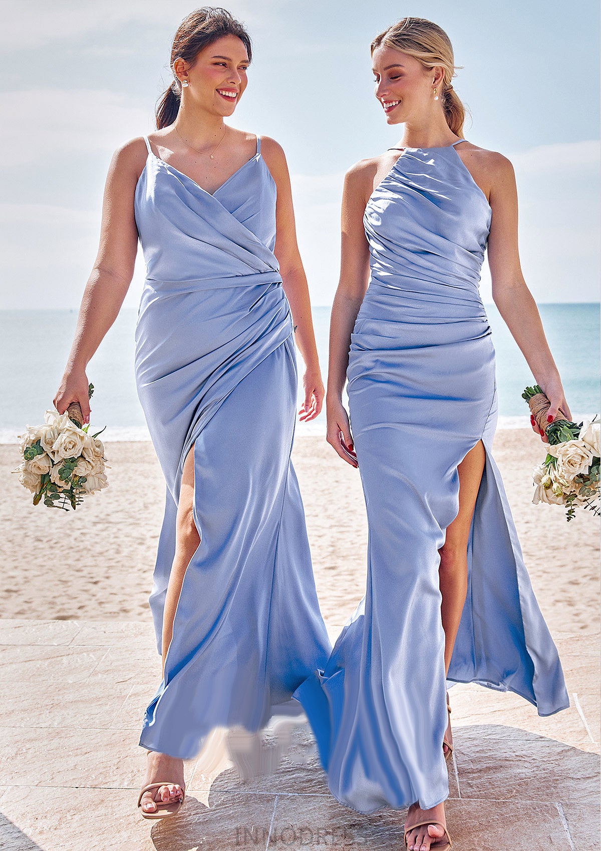 Sheath/Column Halter Sleeveless Floor-Length Stretch Satin Bridesmaid Dresses with Pleated Split Viv DPP0025224