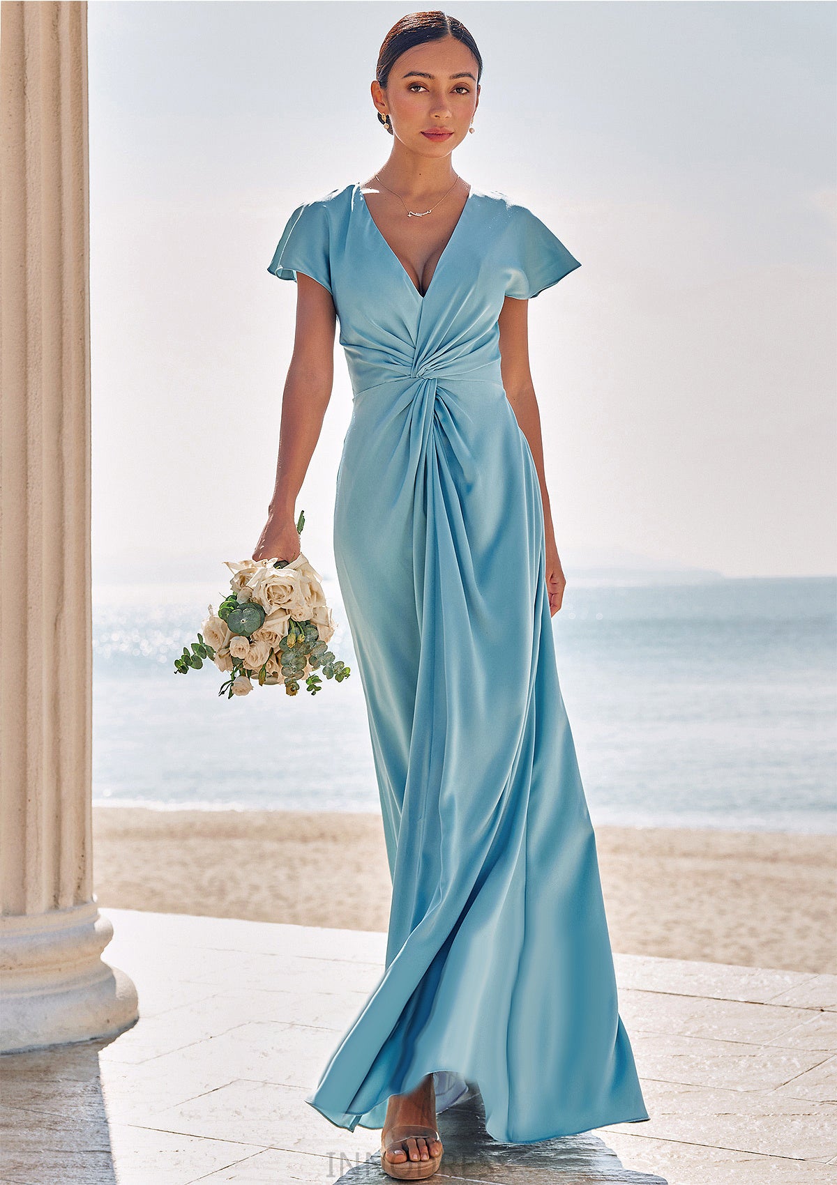 Sheath/Column V Neck Short Sleeve Floor-Length Stretch Satin Bridesmaid Dresses with Pleated Aylin DPP0025225