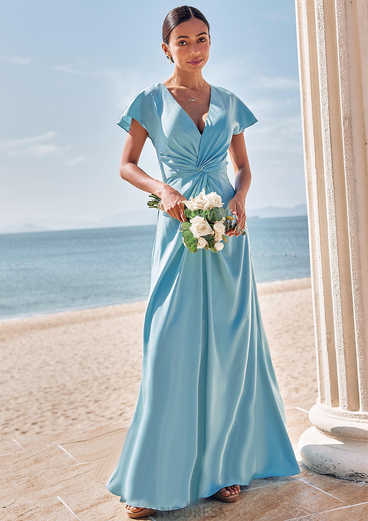 Sheath/Column V Neck Short Sleeve Floor-Length Stretch Satin Bridesmaid Dresses with Pleated Aylin DPP0025225