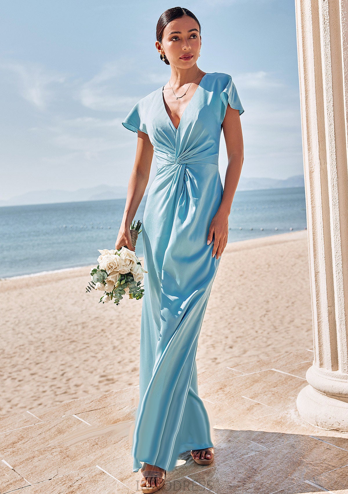 Sheath/Column V Neck Short Sleeve Floor-Length Stretch Satin Bridesmaid Dresses with Pleated Aylin DPP0025225