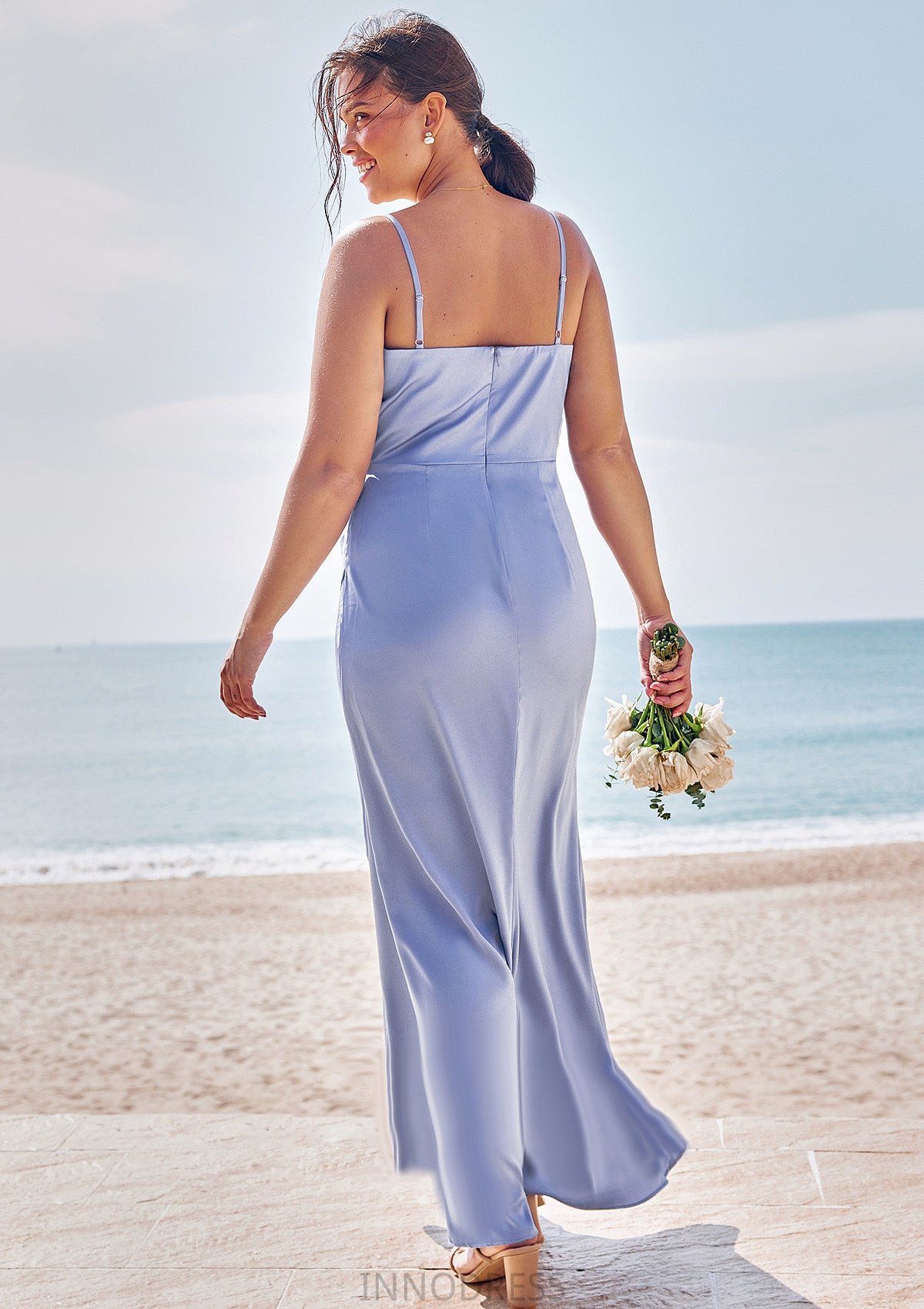 Sheath/Column V Neck Sleeveless Floor-Length Stretch Satin Bridesmaid Dresses with Pleated Split Nancy DPP0025227