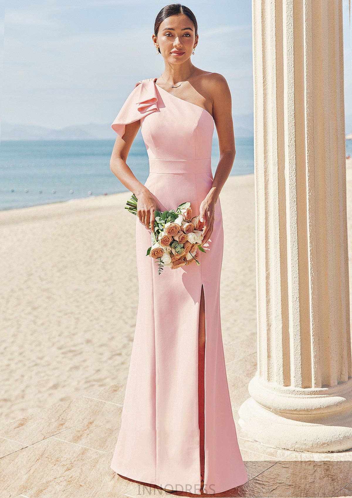 Sheath/Column One-Shoulder Sleeveless Floor-Length Stretch Crepe Bridesmaid Dresses with Bowknot Split Maritza DPP0025230