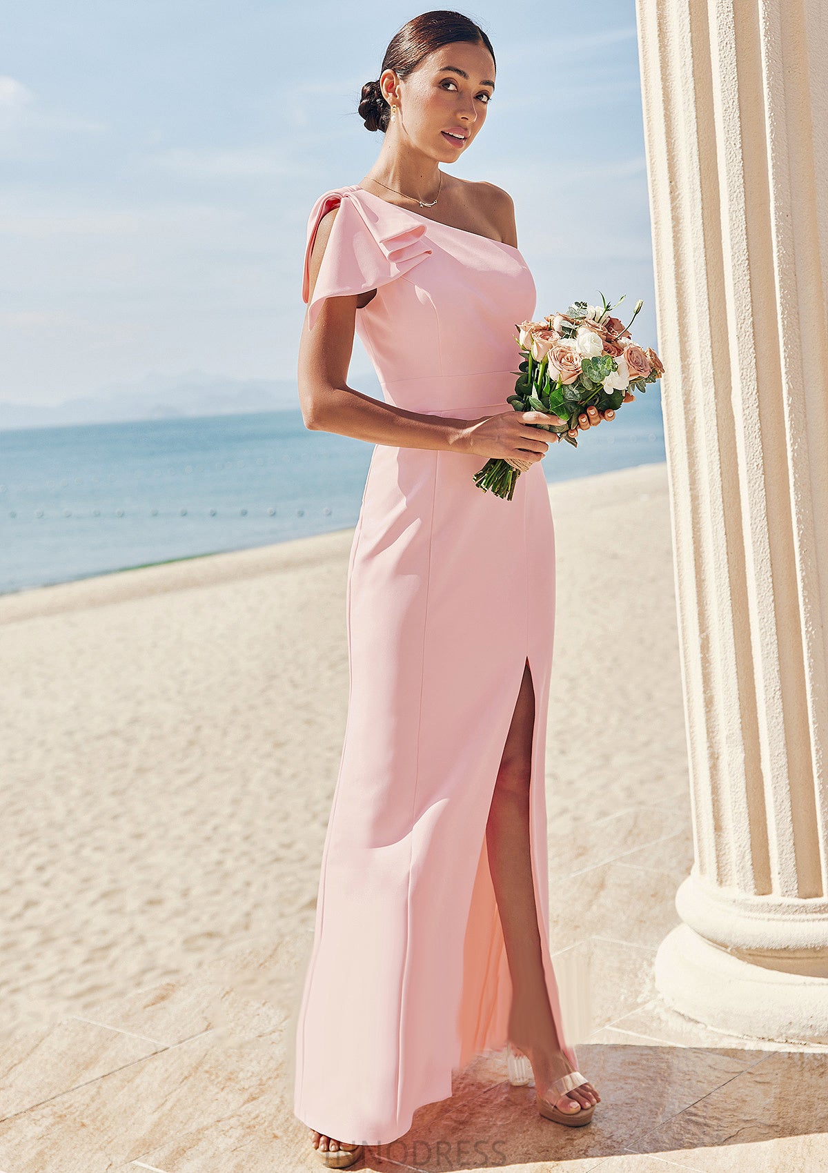 Sheath/Column One-Shoulder Sleeveless Floor-Length Stretch Crepe Bridesmaid Dresses with Bowknot Split Maritza DPP0025230