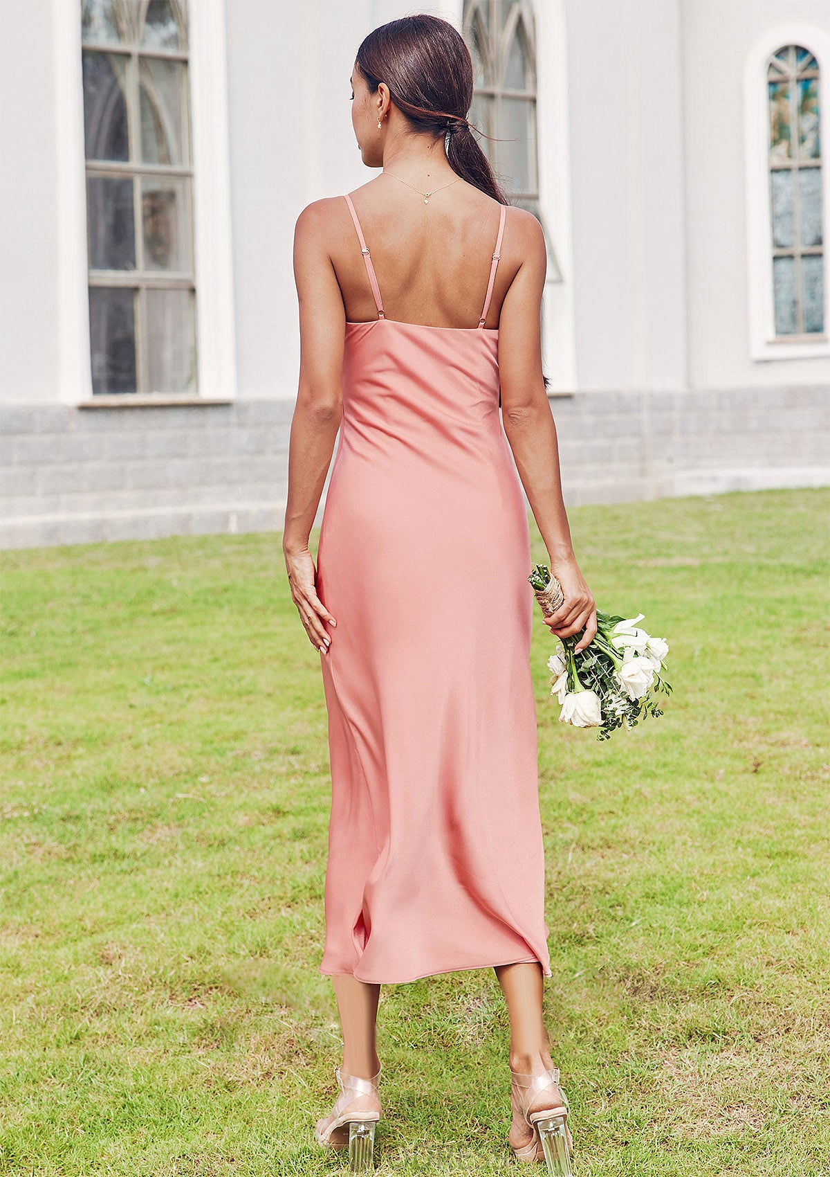 Sheath/Column Cowl Neck Sleeveless Tea-Length Stretch Satin Bridesmaid Dresses Denise DPP0025232