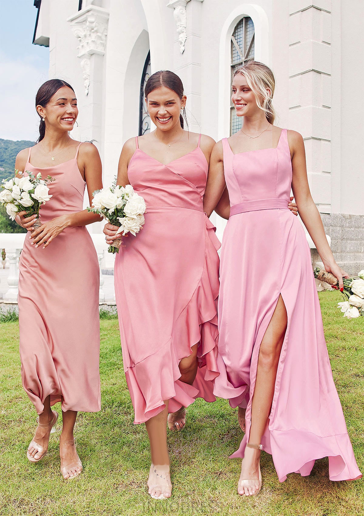 Sheath/Column Cowl Neck Sleeveless Tea-Length Stretch Satin Bridesmaid Dresses Denise DPP0025232