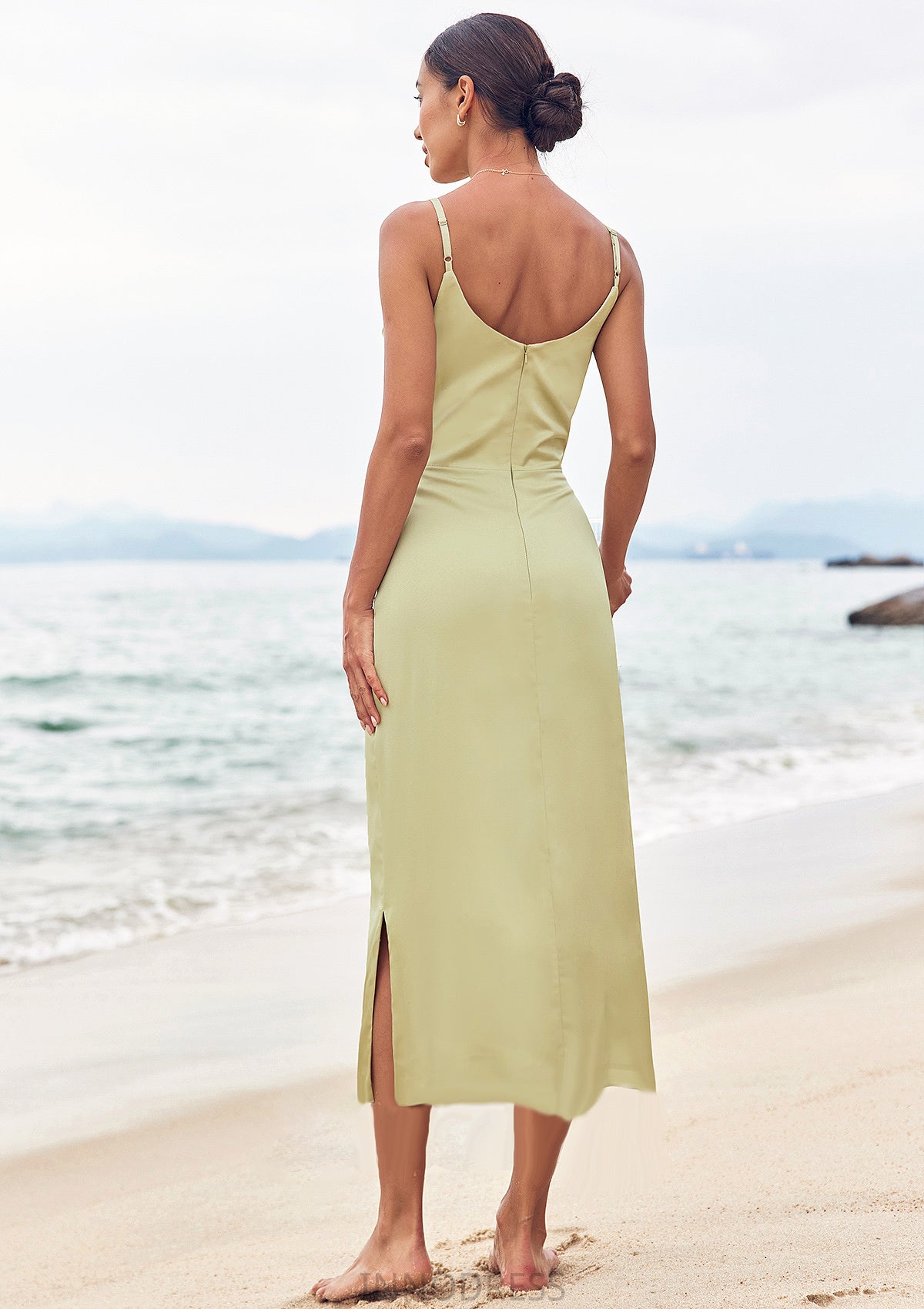 Sheath/Column V Neck Sleeveless Tea-Length Stretch Satin Bridesmaid Dresses with Pleated Split Hallie DPP0025233