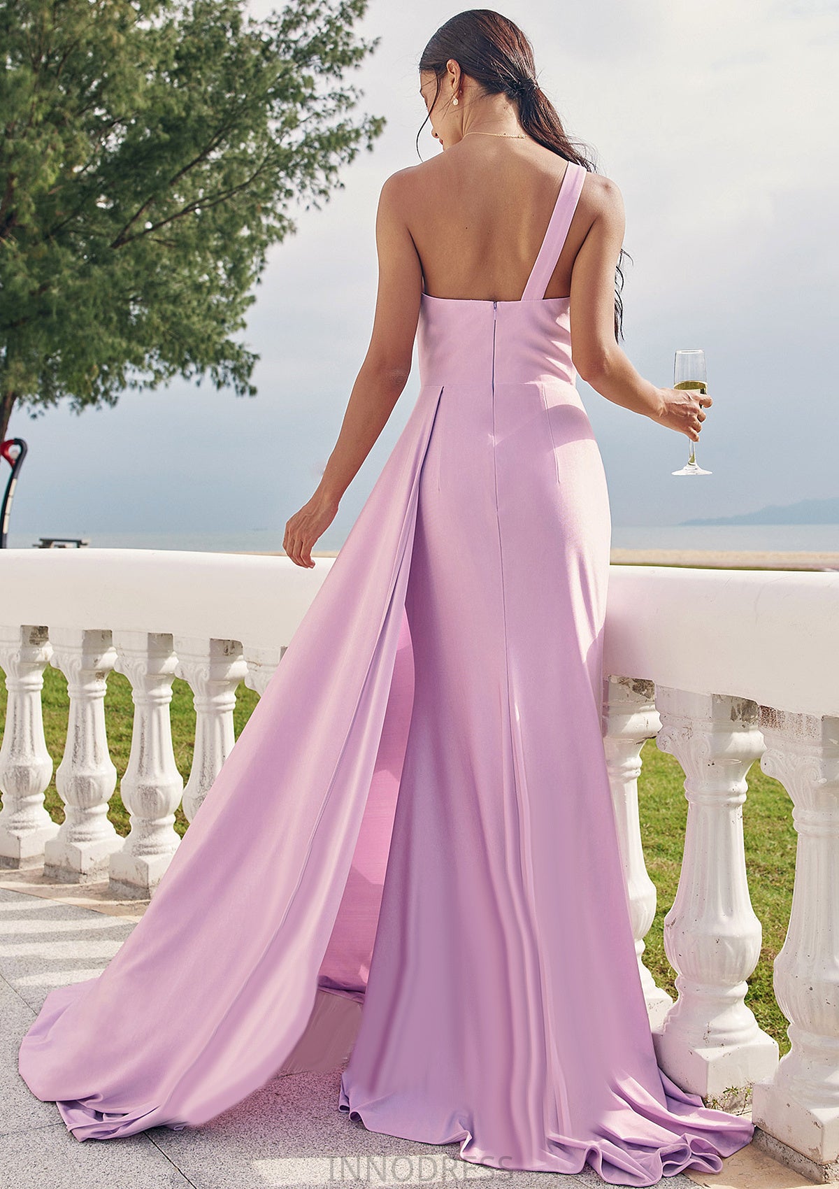 Trumpet/Mermaid One-Shoulder Sleeveless Floor-Length Jersey Bridesmaid Dresses with Pleated Side Draping Elisa DPP0025234