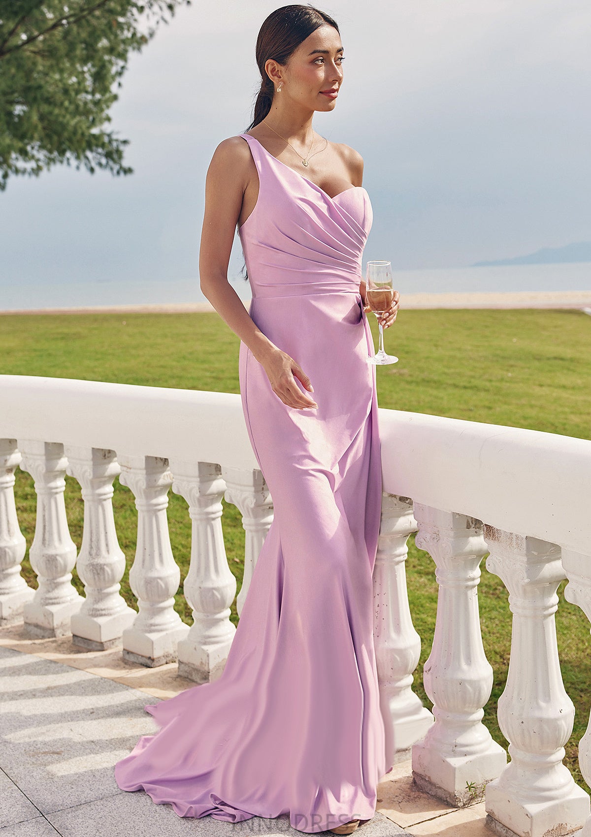 Trumpet/Mermaid One-Shoulder Sleeveless Floor-Length Jersey Bridesmaid Dresses with Pleated Side Draping Elisa DPP0025234