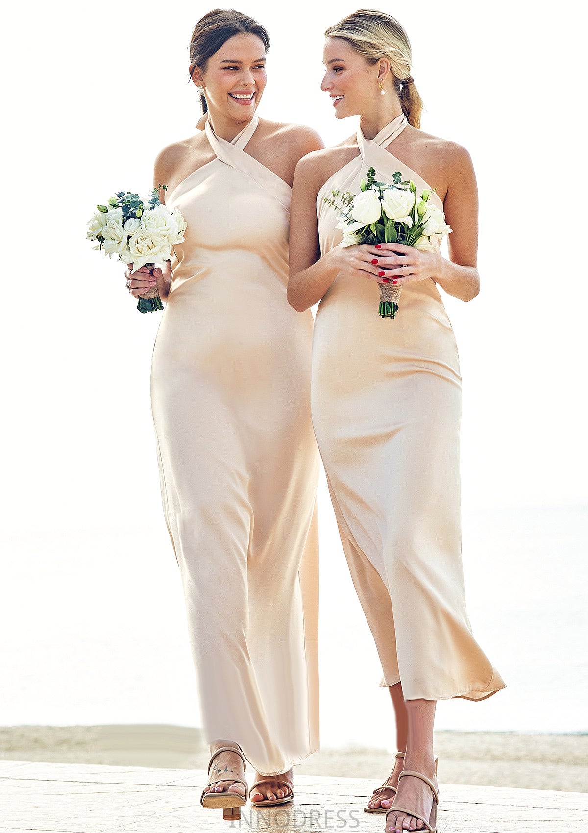 Sheath/Column Halter Sleeveless Ankle-Length Stretch Satin Bridesmaid Dresses with Bowknot Adyson DPP0025236