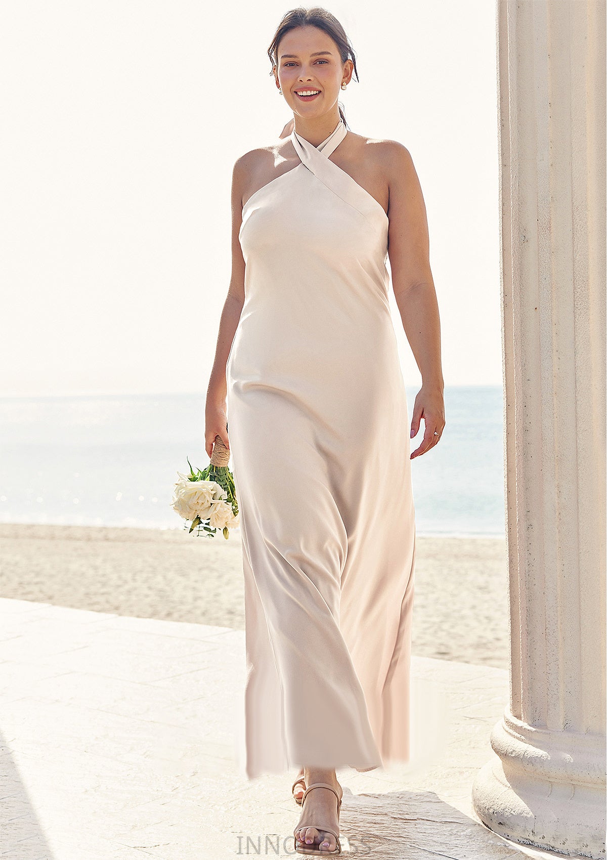 Sheath/Column Halter Sleeveless Ankle-Length Stretch Satin Plus Size Bridesmaid Dresses with Bowknot Willa DPP0025237