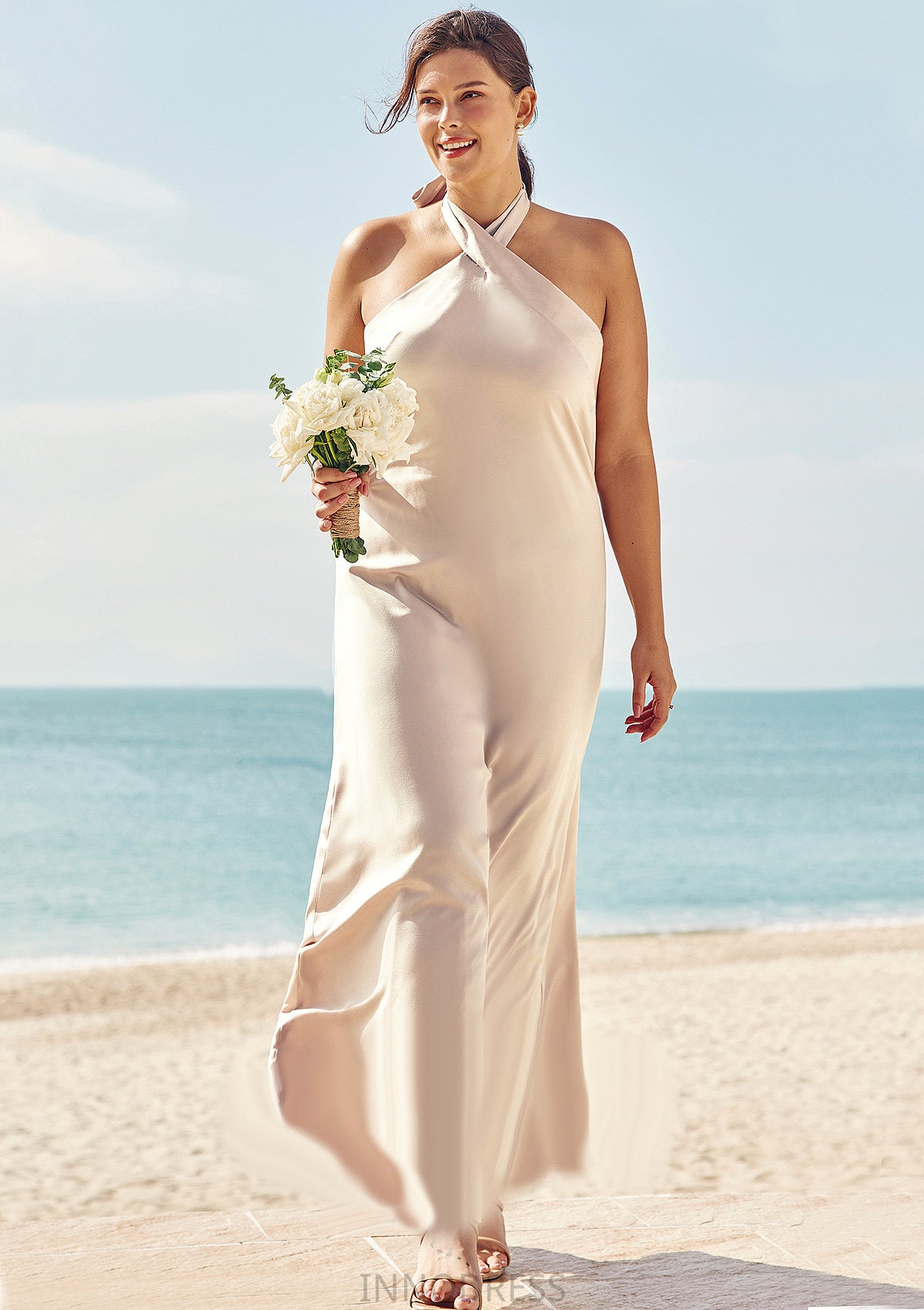 Sheath/Column Halter Sleeveless Ankle-Length Stretch Satin Plus Size Bridesmaid Dresses with Bowknot Willa DPP0025237