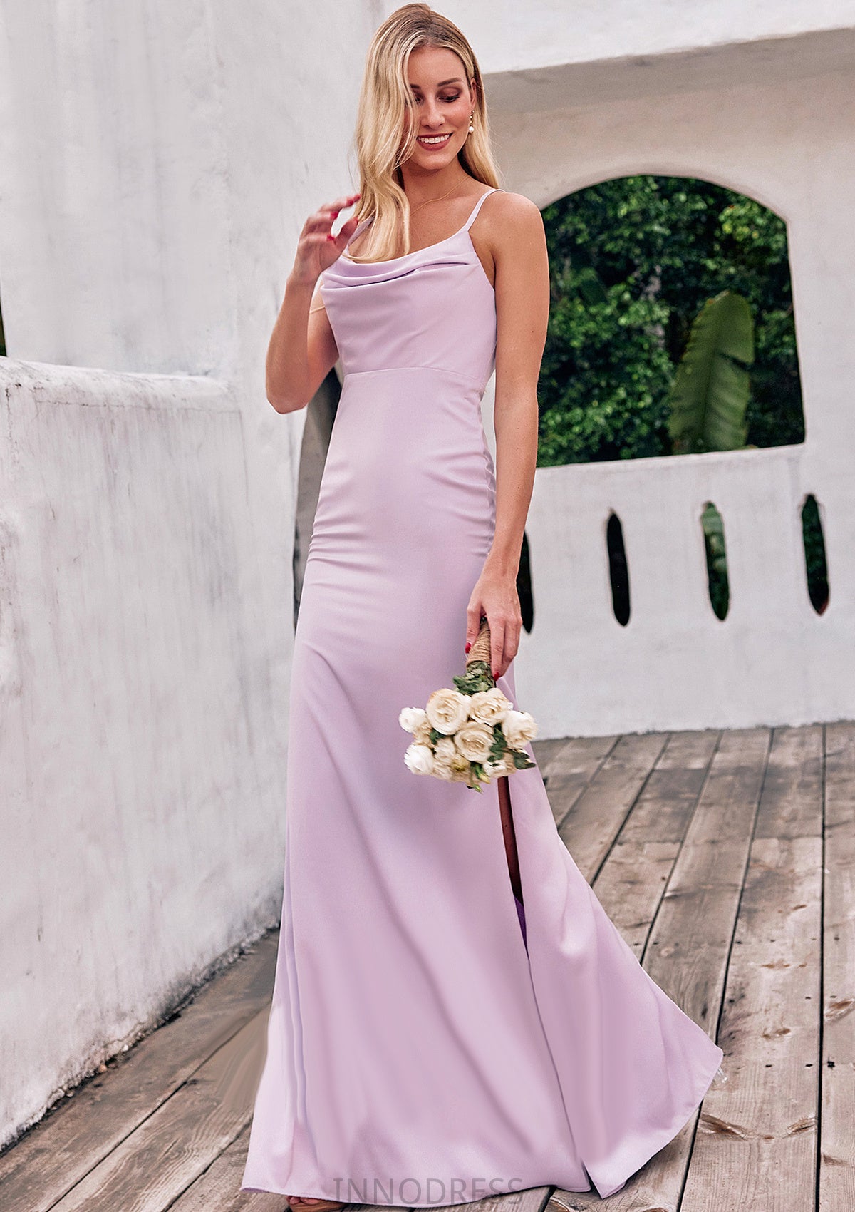 Sheath/Column Cowl Neck Sleeveless Floor-Length Stretch Satin Bridesmaid Dresses with Pleated Split Paisley DPP0025242