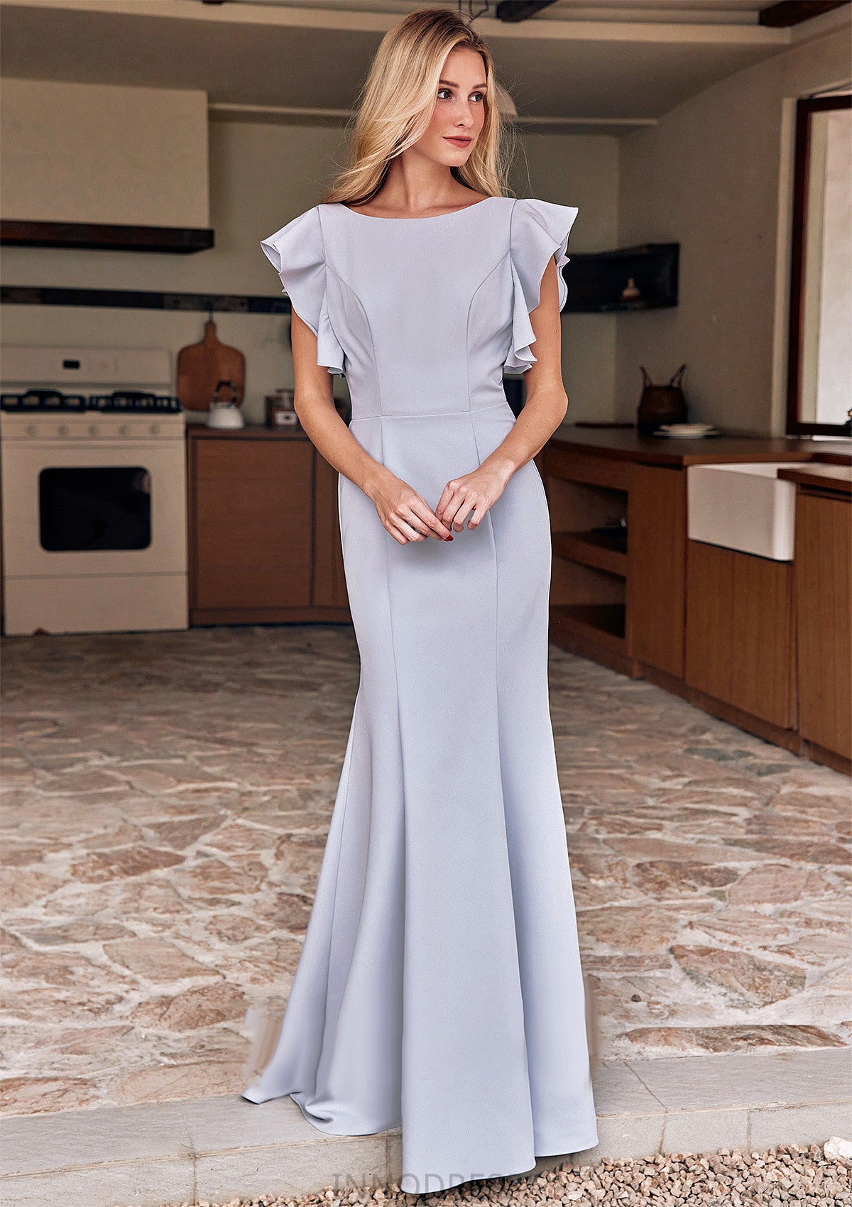 Trumpet/Mermaid Scoop Neck Short Sleeve Floor-Length Stretch Crepe Bridesmaid Dresses with Pleated Ruffles Kaila DPP0025244