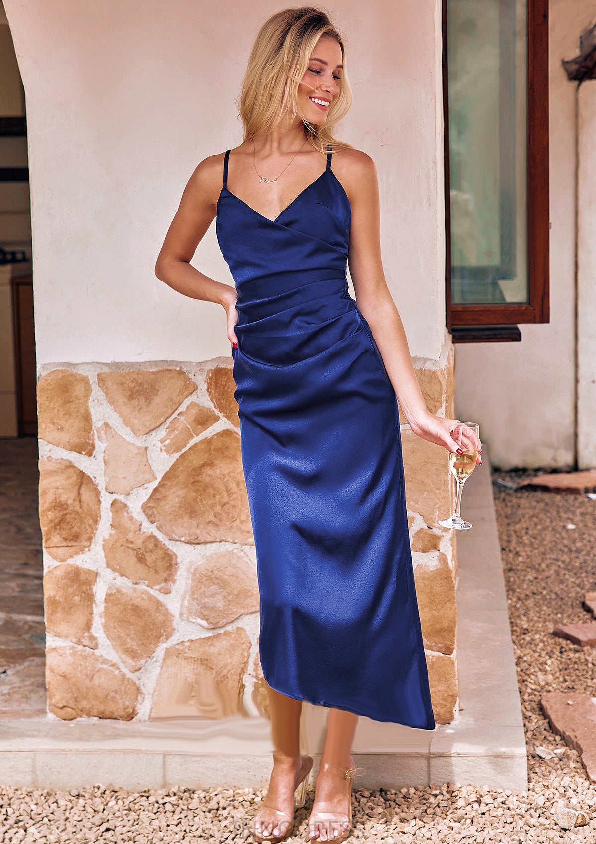 Sheath/Column V Neck Sleeveless Asymmetrical Stretch Satin Bridesmaid Dresses with Pleated Angel DPP0025245