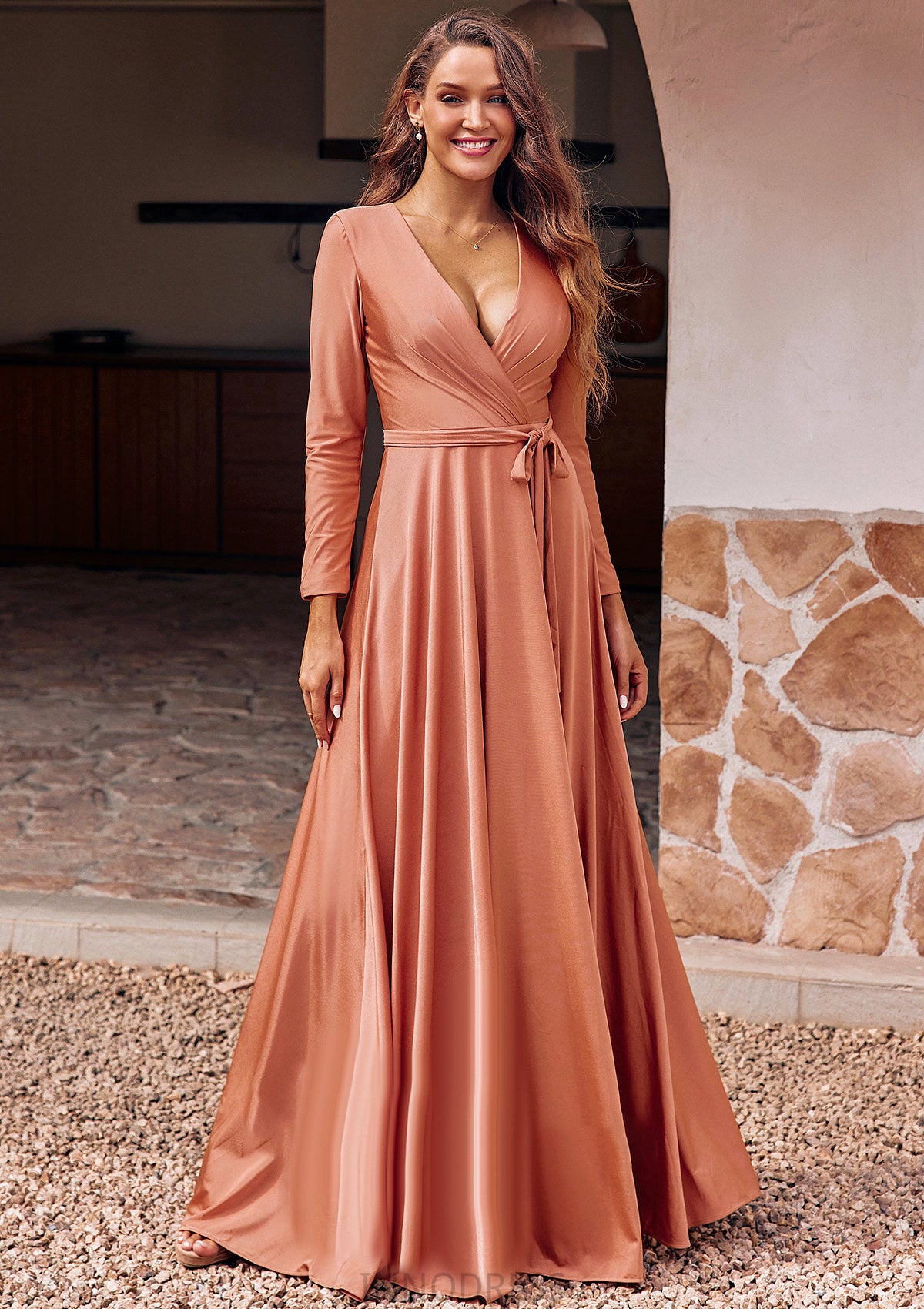 A-line V Neck Full/Long Sleeve Floor-Length Jersey Bridesmaid Dresses with Pleated Sashes Jan DPP0025246