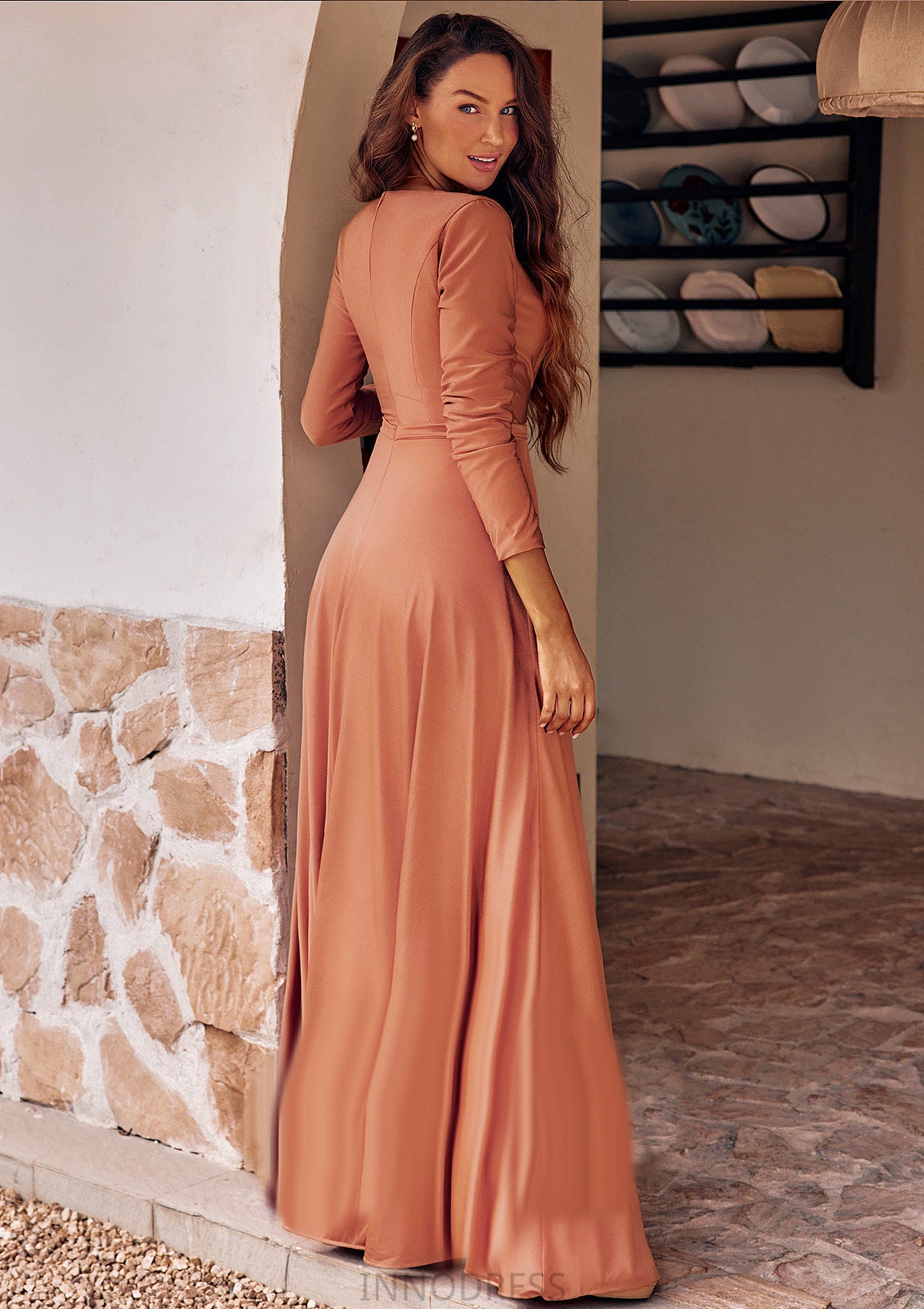 A-line V Neck Full/Long Sleeve Floor-Length Jersey Bridesmaid Dresses with Pleated Sashes Jan DPP0025246