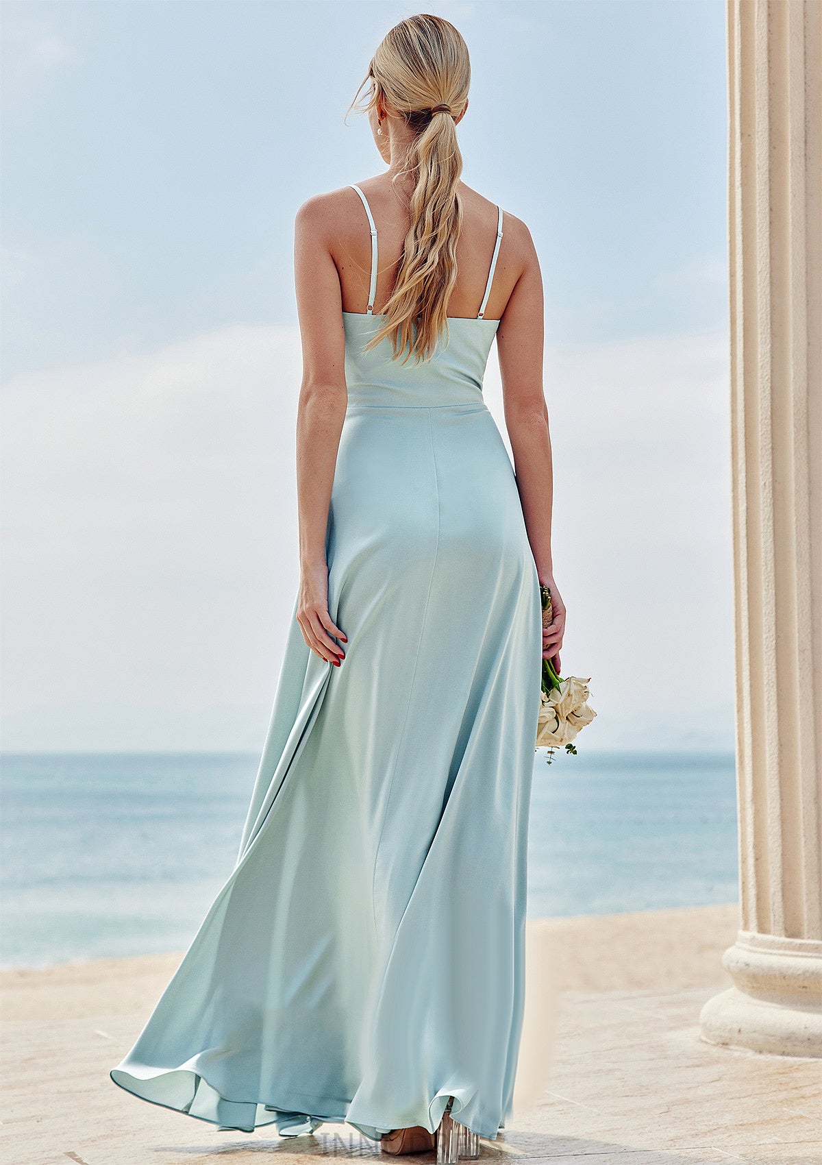 A-line Square Neckline Sleeveless Floor-Length Stretch Satin Bridesmaid Dresses with Split Viv DPP0025248