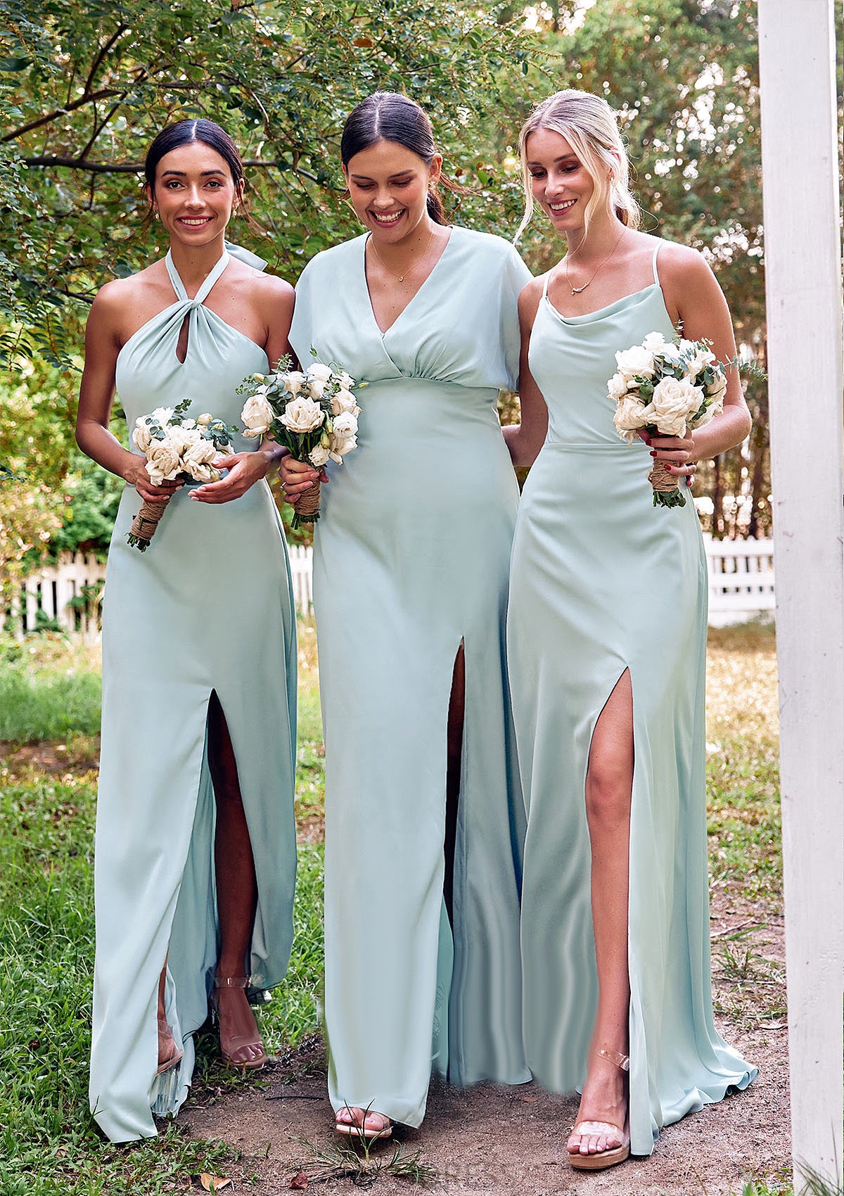 A-line Square Neckline Sleeveless Floor-Length Stretch Satin Bridesmaid Dresses with Split Viv DPP0025248