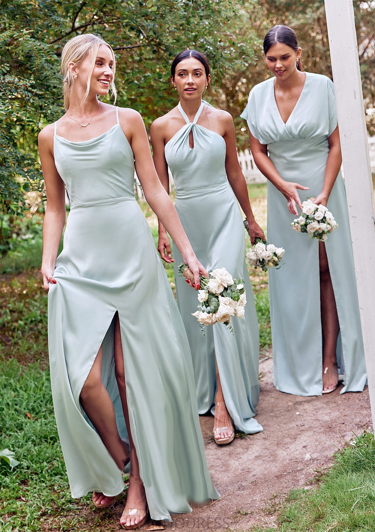 Empire V Neck Short Sleeve Floor-Length Stretch Satin Bridesmaid Dresses with Split Rachael DPP0025249