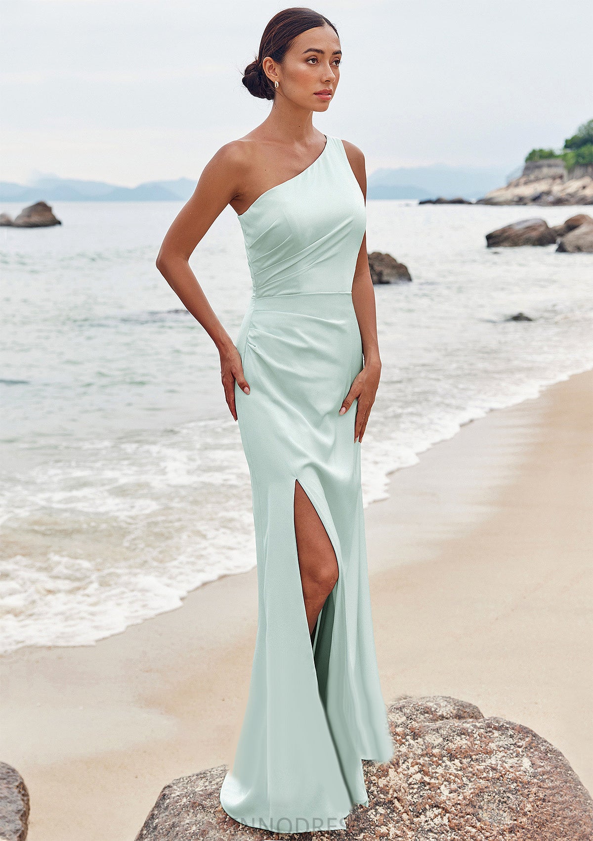 Sheath/Column One-Shoulder Sleeveless Floor-Length Stretch Satin Bridesmaid Dresses with Pleated Split Moriah DPP0025251