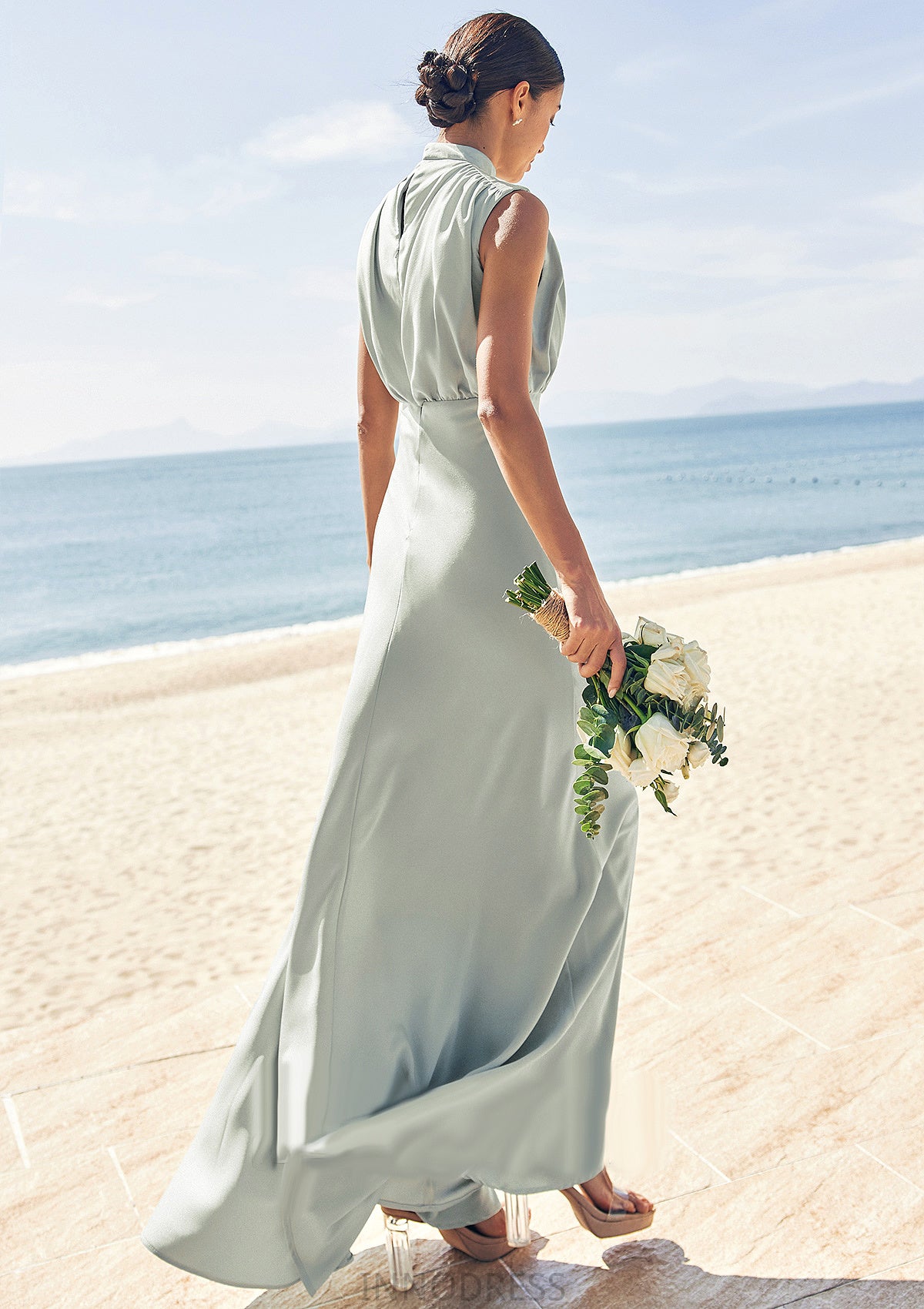 A-line High-Neck Sleeveless Floor-Length Stretch Satin Bridesmaid Dresses Madalyn DPP0025252