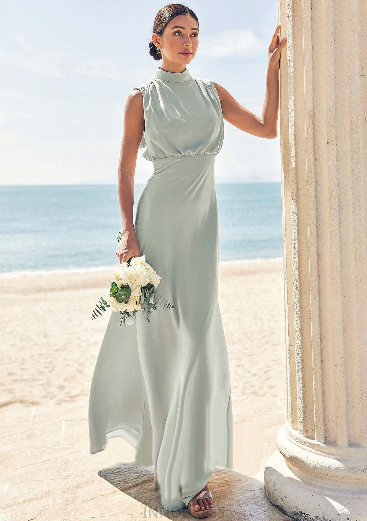 A-line High-Neck Sleeveless Floor-Length Stretch Satin Bridesmaid Dresses Madalyn DPP0025252