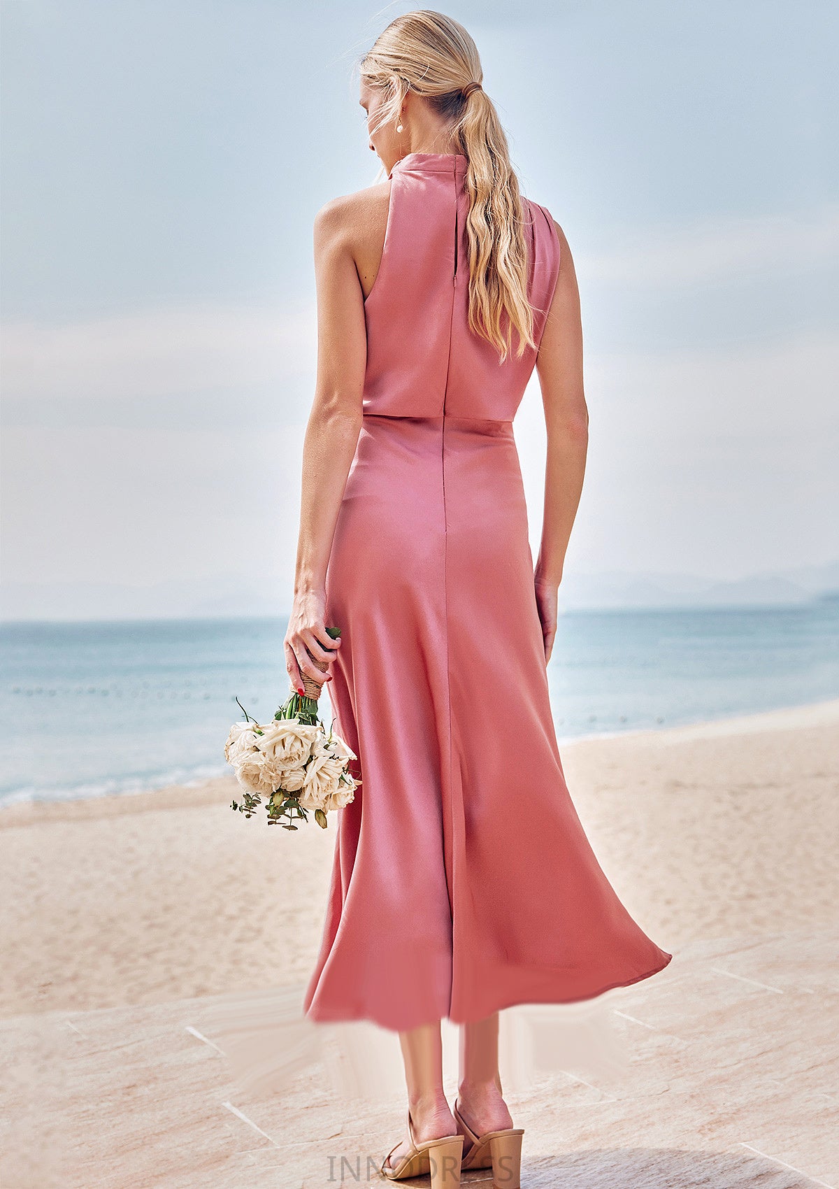 Sheath/Column High-Neck Sleeveless Tea-Length Stretch Satin Bridesmaid Dresses with Pleated Ada DPP0025257