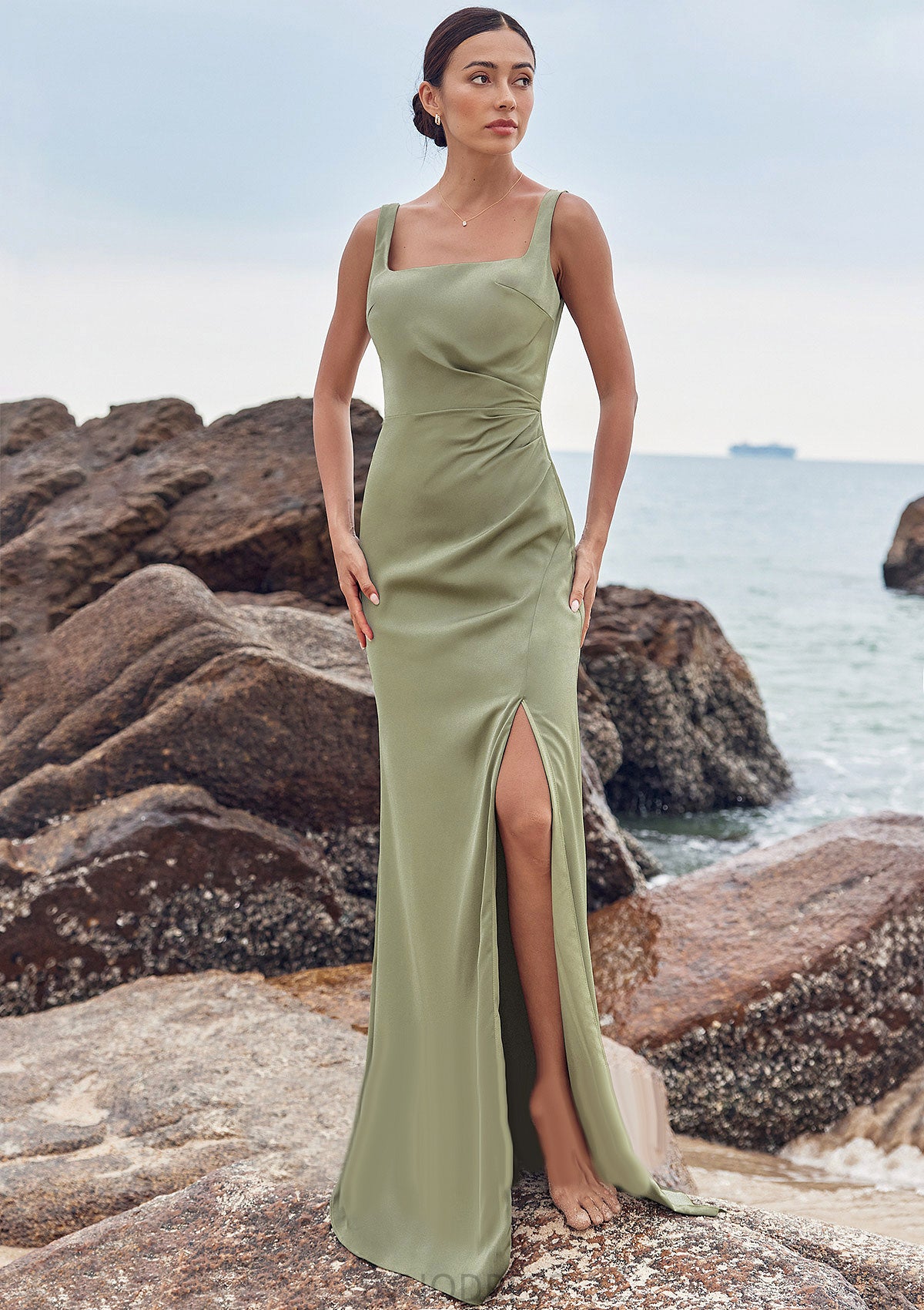 Sheath/Column Square Neckline Sleeveless Floor-Length Stretch Satin Bridesmaid Dresses with Pleated Split Yvonne DPP0025258