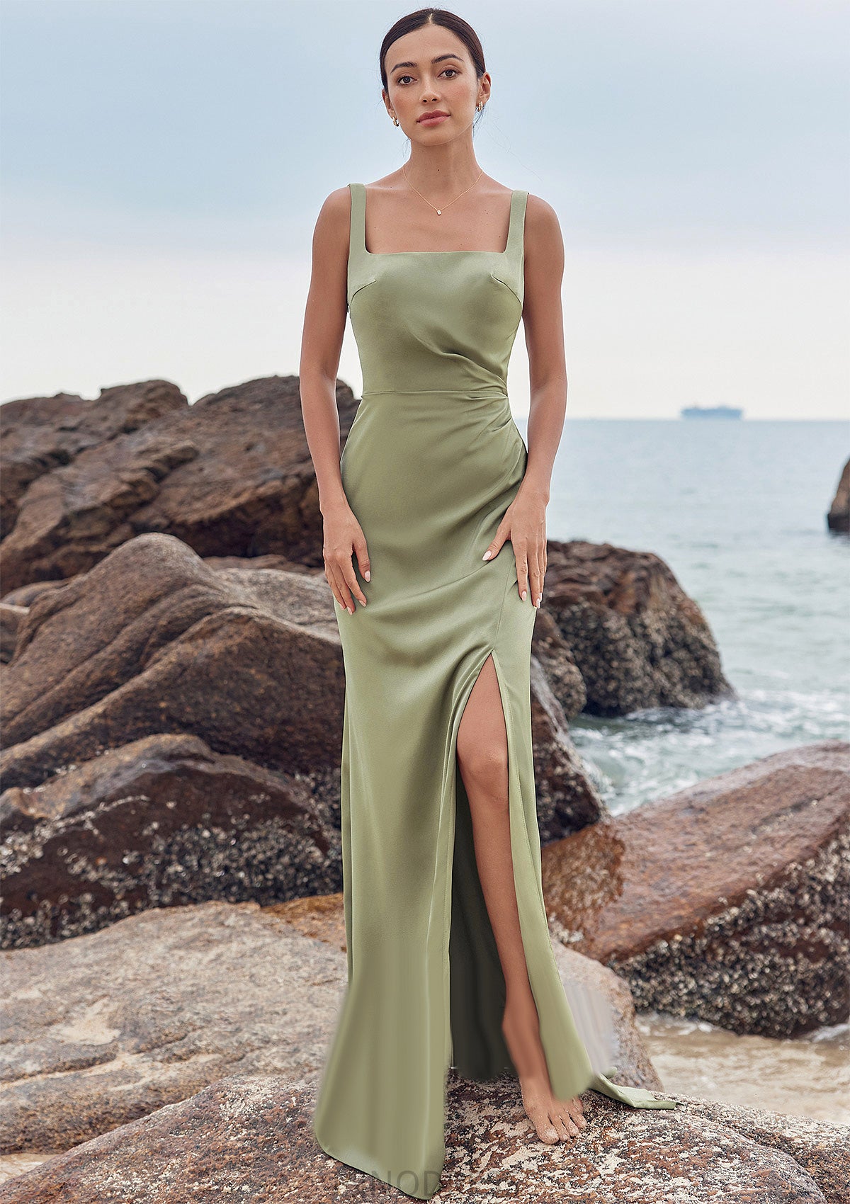 Sheath/Column Square Neckline Sleeveless Floor-Length Stretch Satin Bridesmaid Dresses with Pleated Split Yvonne DPP0025258