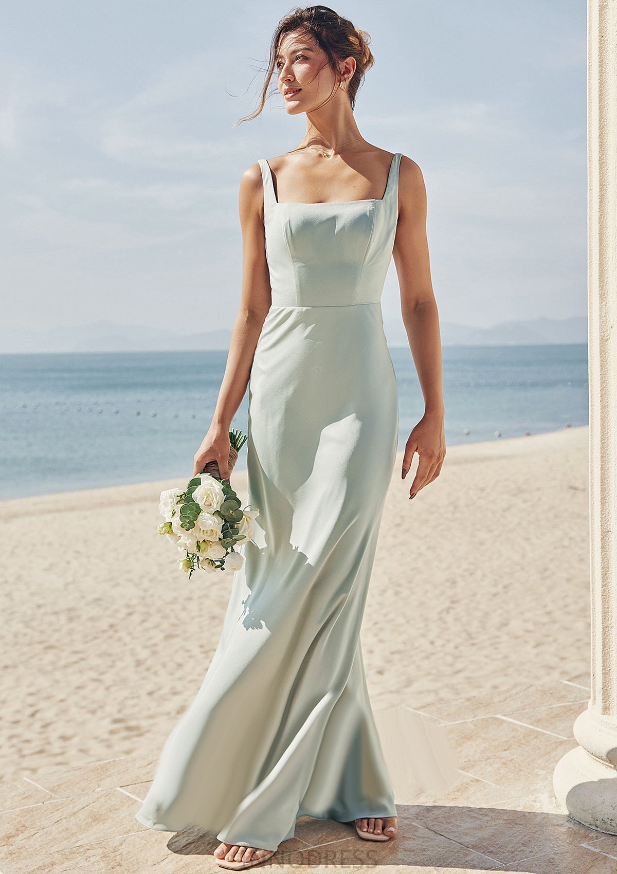 Sheath/Column Square Neckline Sleeveless Floor-Length Stretch Satin Bridesmaid Dresses Aliya DPP0025262