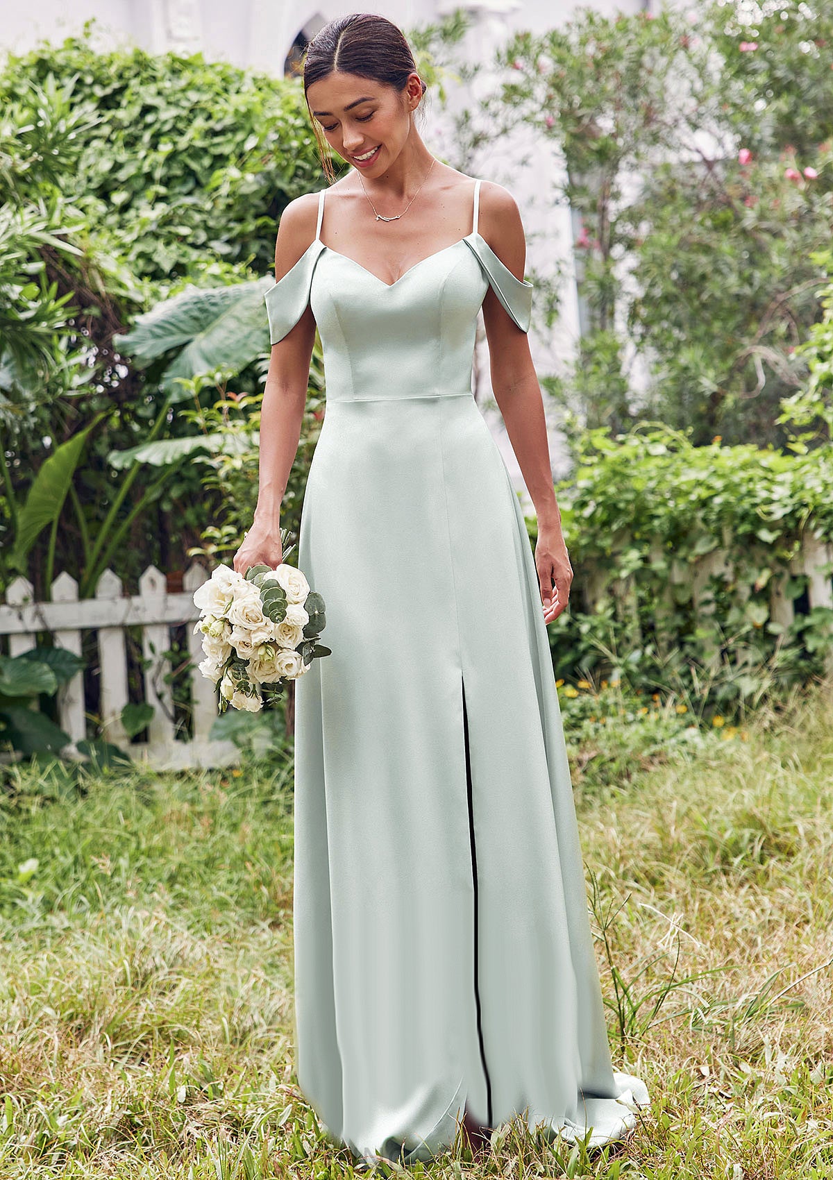 A-line V Neck Sleeveless Floor-Length Stretch Satin Bridesmaid Dresses with Split Brittany DPP0025263