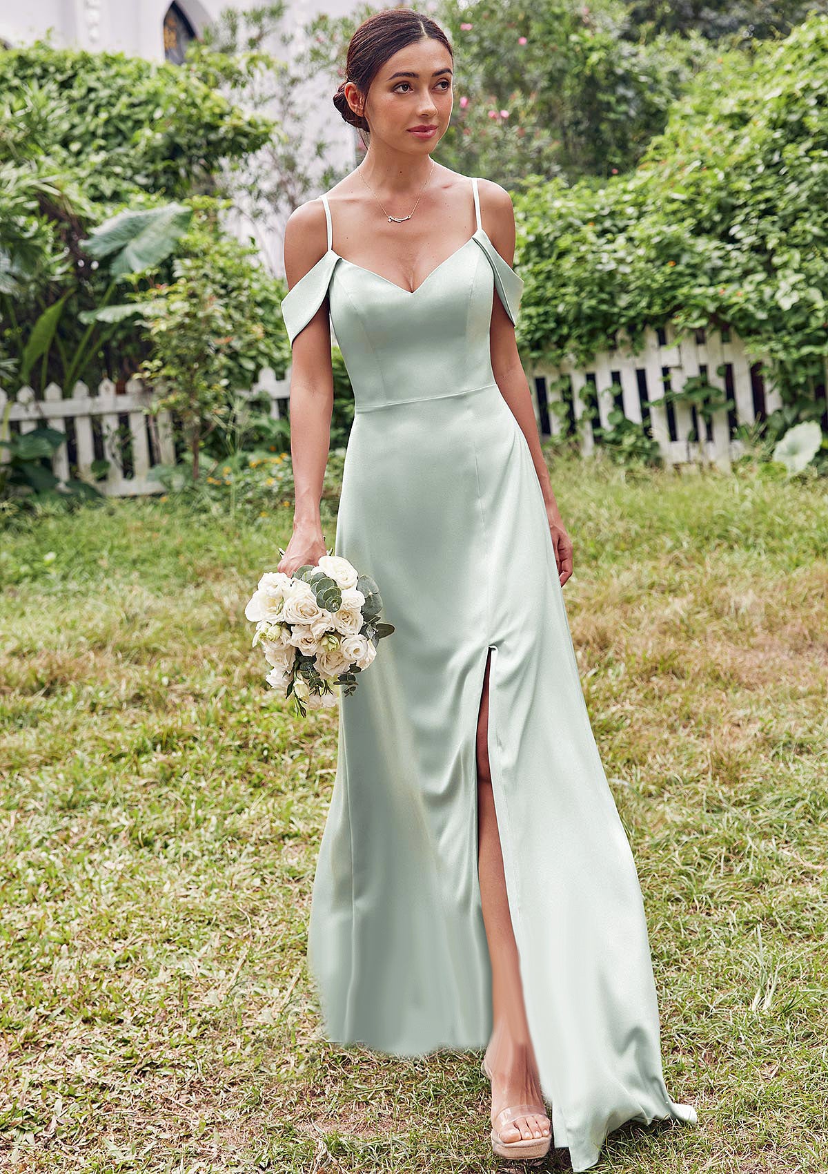 A-line V Neck Sleeveless Floor-Length Stretch Satin Bridesmaid Dresses with Split Brittany DPP0025263