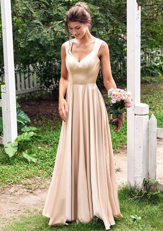 A-line V Neck Sleeveless Floor-Length Stretch Satin Bridesmaid Dresses with Pleated Marianna DPP0025266