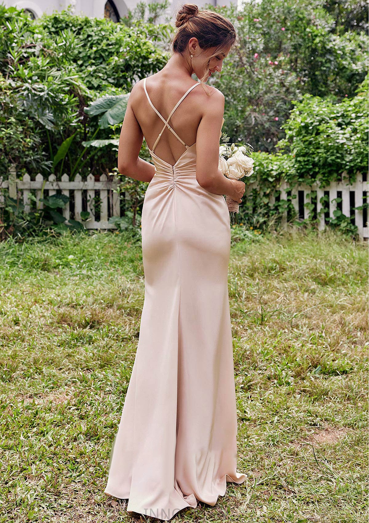 Sheath/Column V Neck Sleeveless Floor-Length Stretch Satin Bridesmaid Dresses with Pleated Amiya DPP0025267