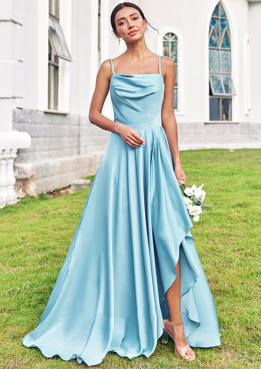 A-line Cowl Neck Sleeveless Floor-Length Stretch Satin Bridesmaid Dresses with Pleated Ruffles Split Yasmin DPP0025270