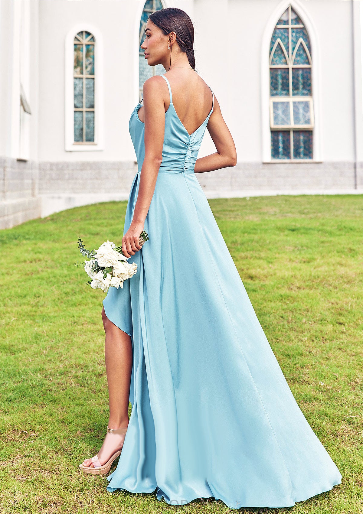 A-line Cowl Neck Sleeveless Floor-Length Stretch Satin Bridesmaid Dresses with Pleated Ruffles Split Yasmin DPP0025270