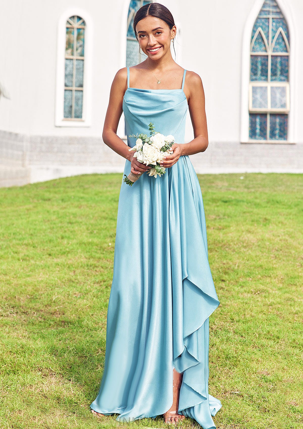 A-line Cowl Neck Sleeveless Floor-Length Stretch Satin Bridesmaid Dresses with Pleated Ruffles Split Yasmin DPP0025270