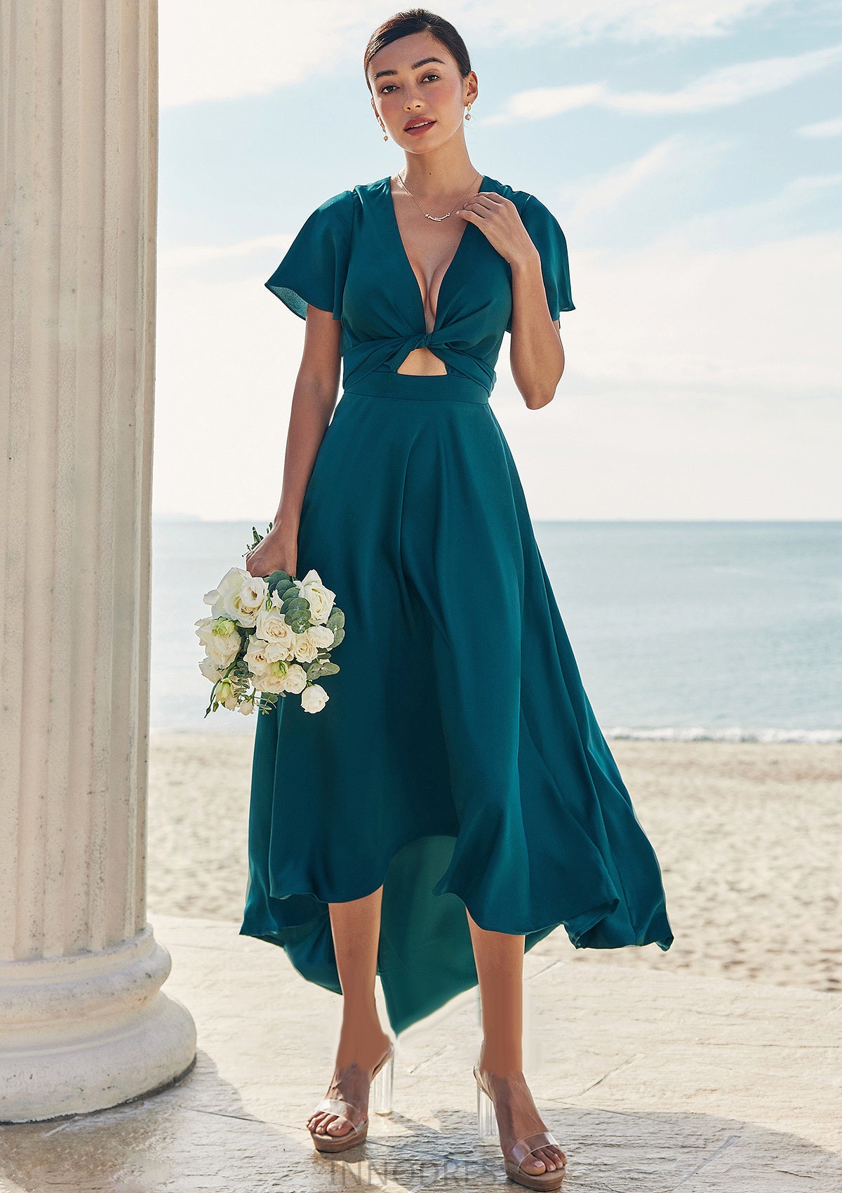 A-line V Neck Short Sleeve Asymmetrical Stretch Satin Bridesmaid Dresses with Bowknot Sashes Winifred DPP0025272