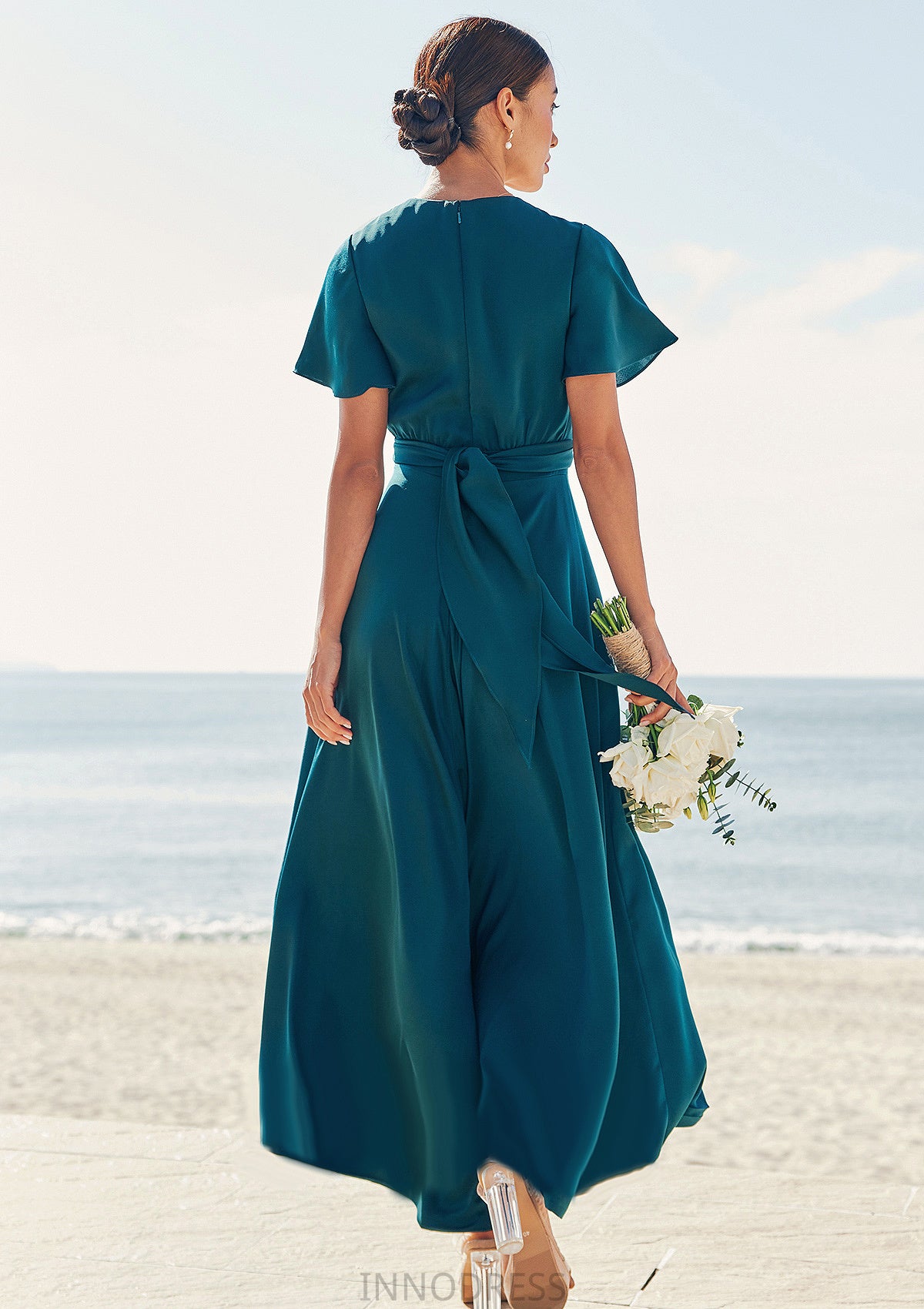 A-line V Neck Short Sleeve Asymmetrical Stretch Satin Bridesmaid Dresses with Bowknot Sashes Winifred DPP0025272