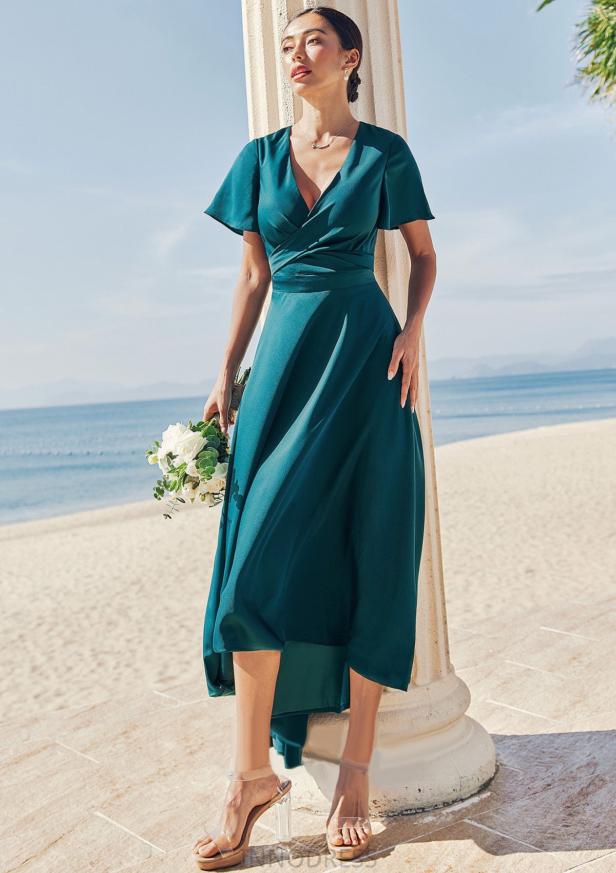 A-line V Neck Short Sleeve Asymmetrical Stretch Satin Bridesmaid Dresses with Bowknot Sashes Winifred DPP0025272