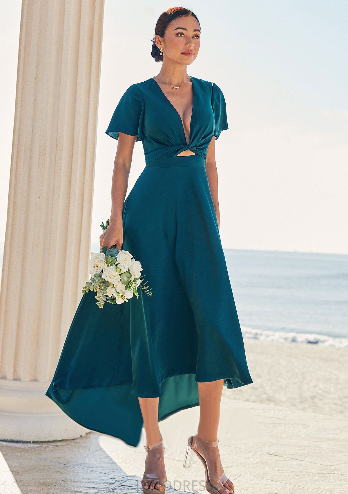 A-line V Neck Short Sleeve Asymmetrical Stretch Satin Bridesmaid Dresses with Bowknot Sashes Winifred DPP0025272