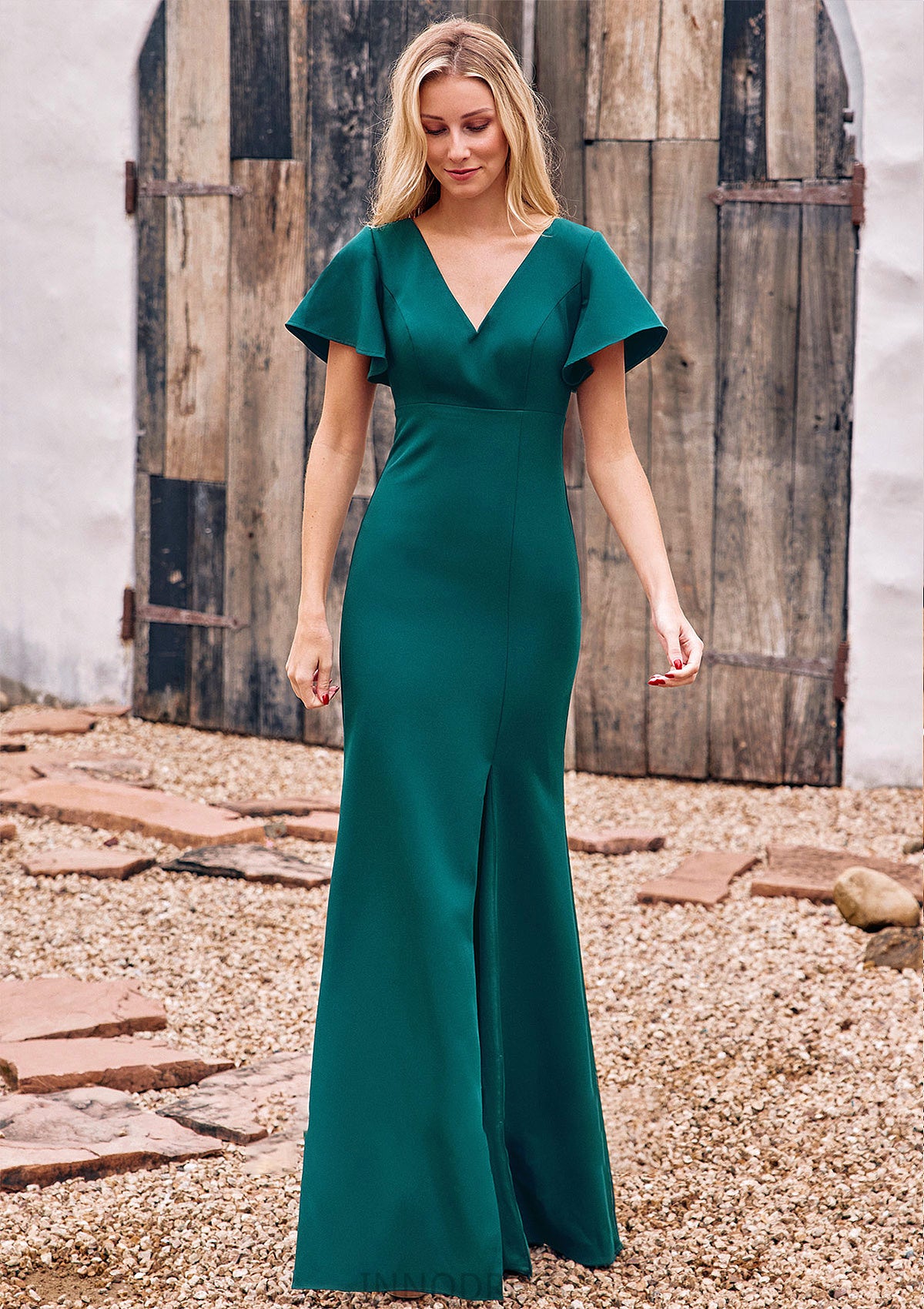 Trumpet/Mermaid V Neck Short Sleeve Stretch Crepe Floor-Length Bridesmaid Dresses with Split Shelby DPP0025273