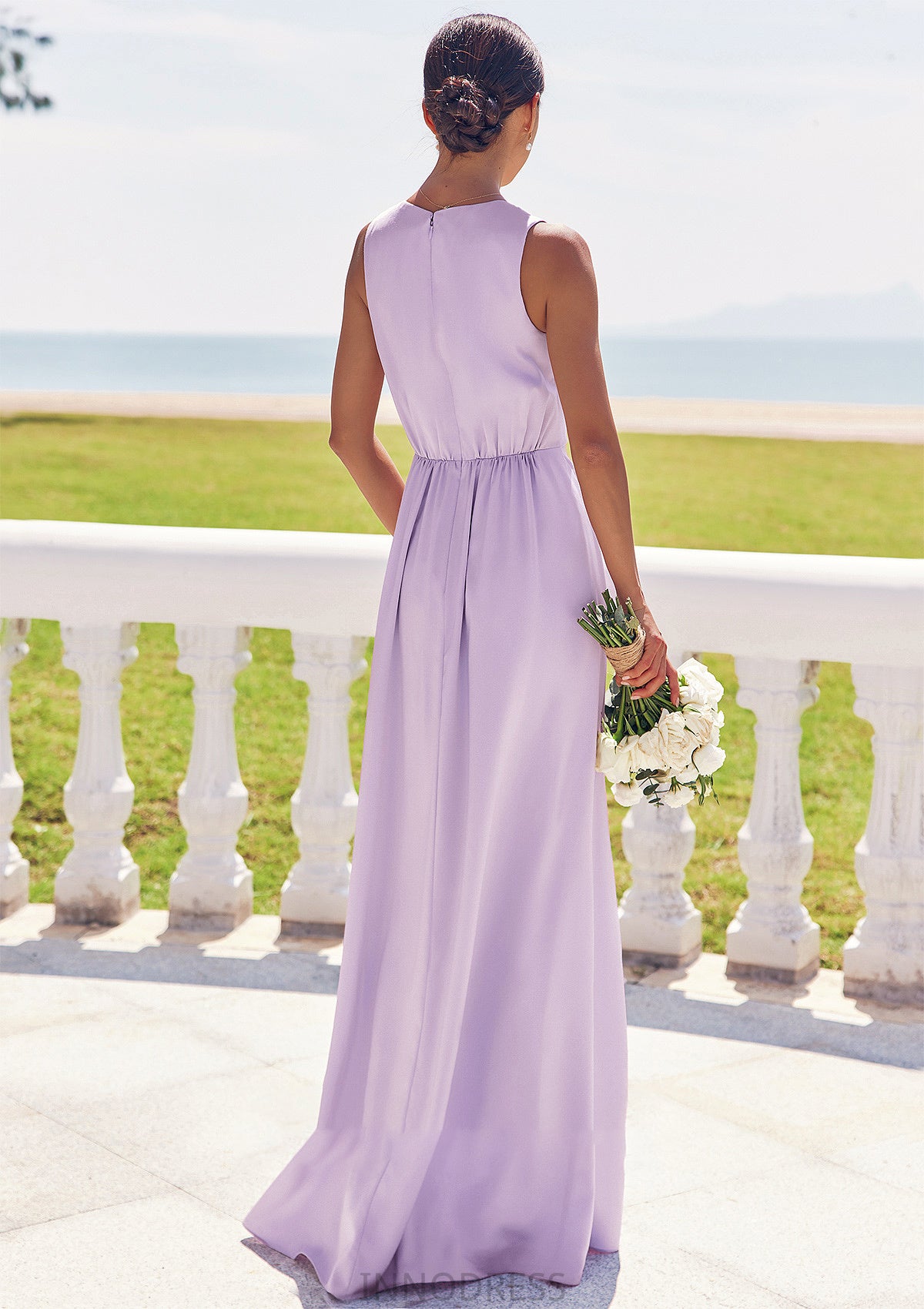 A-line V Neck Sleeveless Floor-Length Stretch Satin Bridesmaid Dresses with Pleated Split Aurora DPP0025276