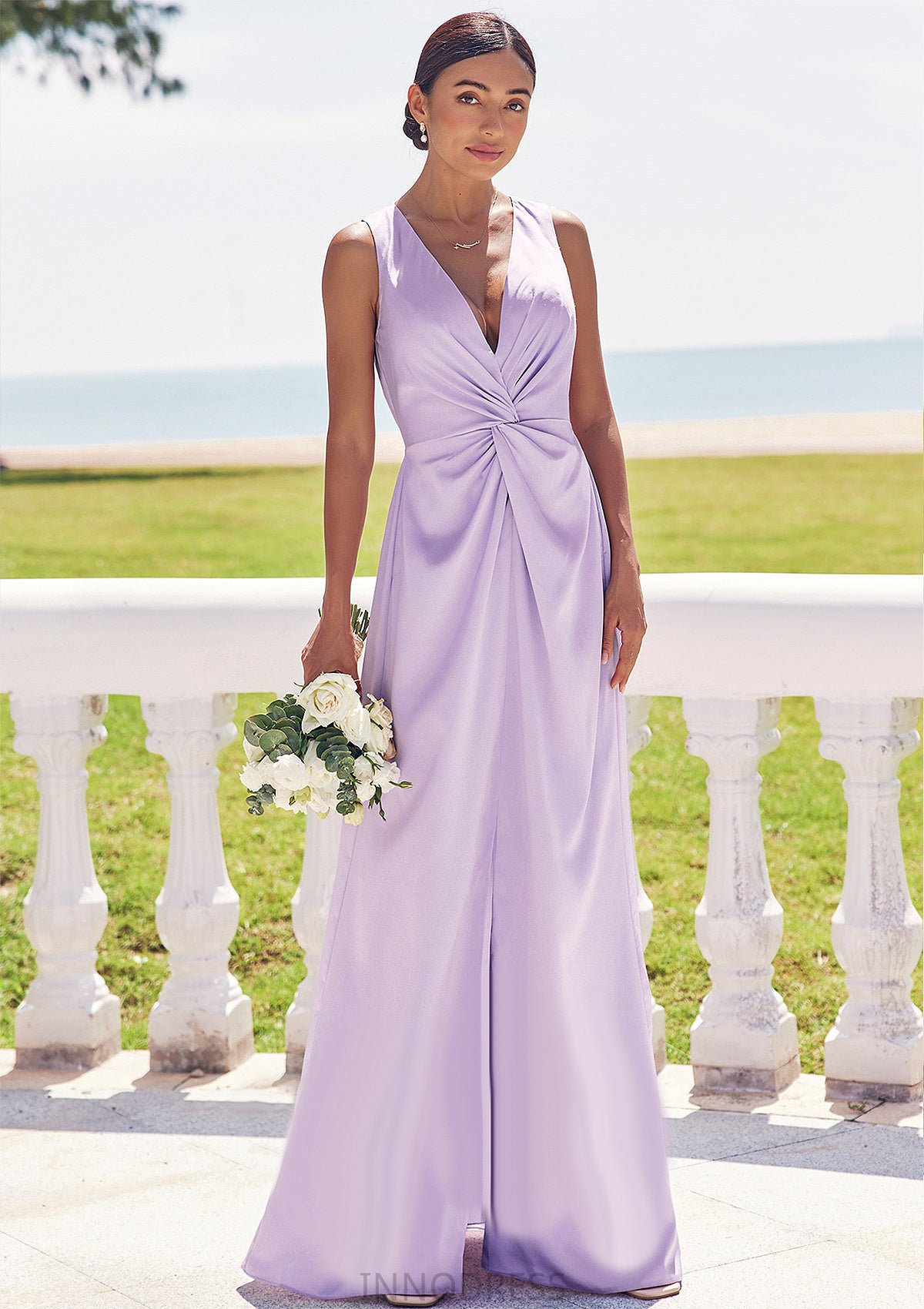 A-line V Neck Sleeveless Floor-Length Stretch Satin Bridesmaid Dresses with Pleated Split Aurora DPP0025276