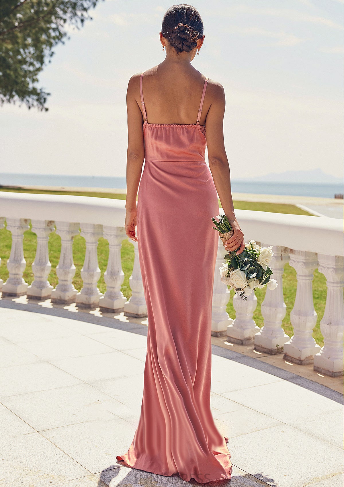 Sheath/Column Square Neckline Sleeveless Floor-Length Stretch Satin Bridesmaid Dresses with Pleated Split Susanna DPP0025277