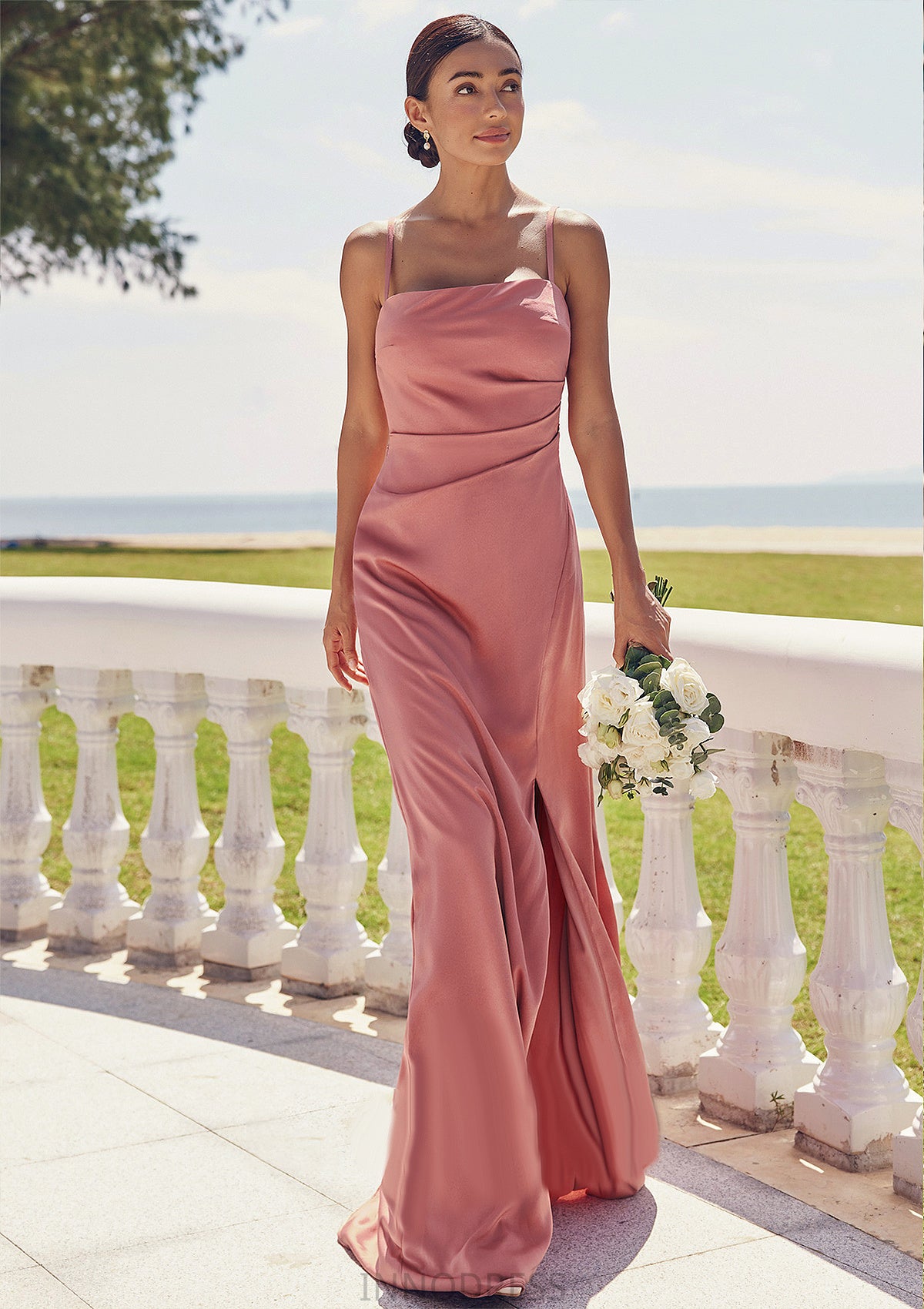 Sheath/Column Square Neckline Sleeveless Floor-Length Stretch Satin Bridesmaid Dresses with Pleated Split Susanna DPP0025277