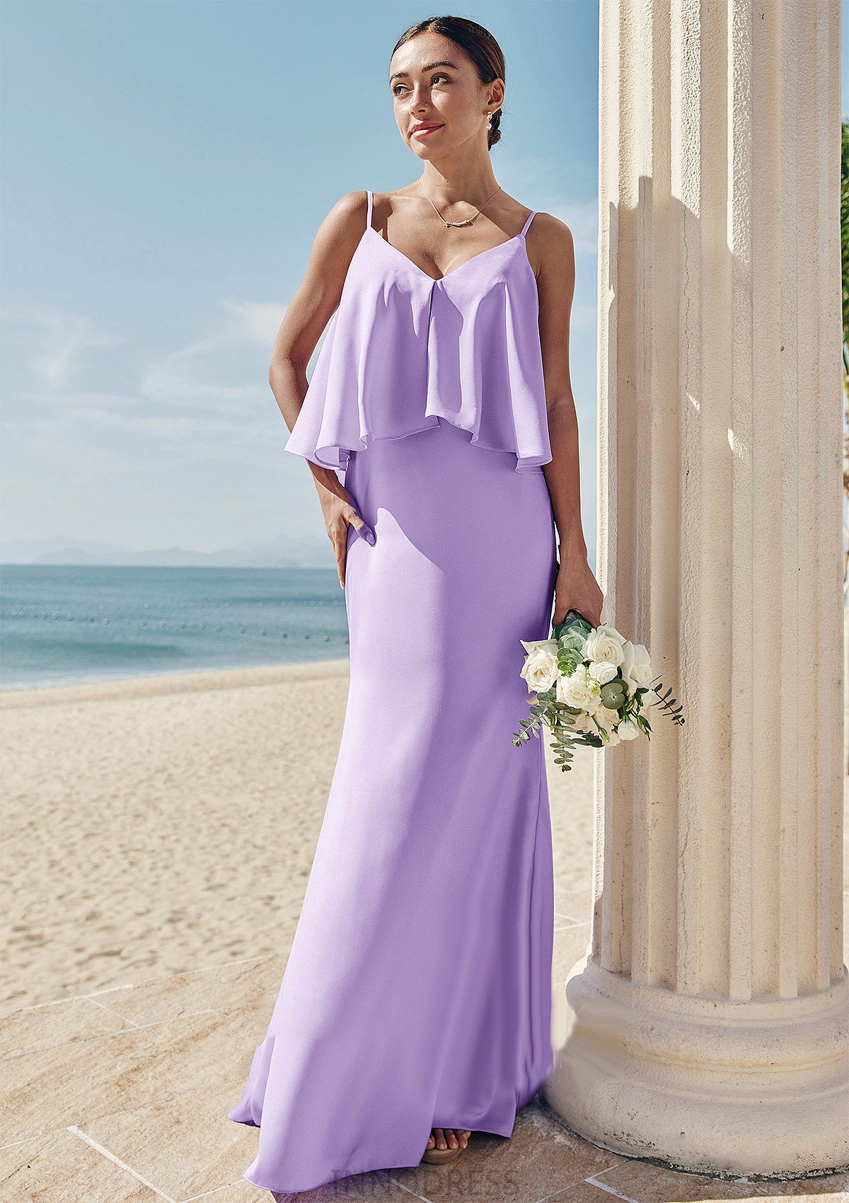 Sheath/Column V Neck Sleeveless Floor-Length Stretch Satin Bridesmaid Dresses with Ruffles Marian DPP0025278