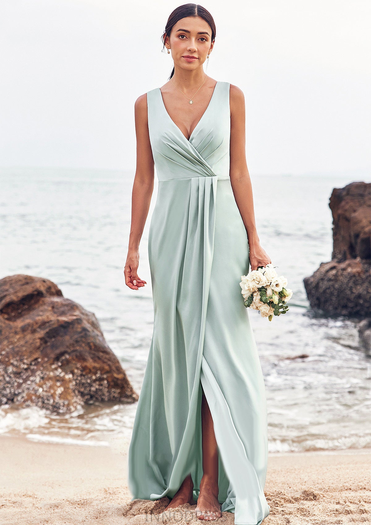 Sheath/Column V Neck Sleeveless Floor-Length Stretch Satin Bridesmaid Dresses with Pleated Split Madge DPP0025279